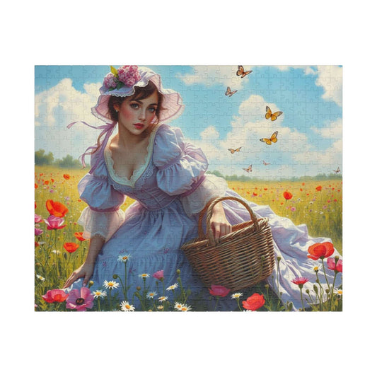 Victorian Elegance in Bloom - 19th-Century Woman in Wildflower Field Jigsaw Puzzle, Vintage-Inspired Scene Puzzle The Puzzle Chest