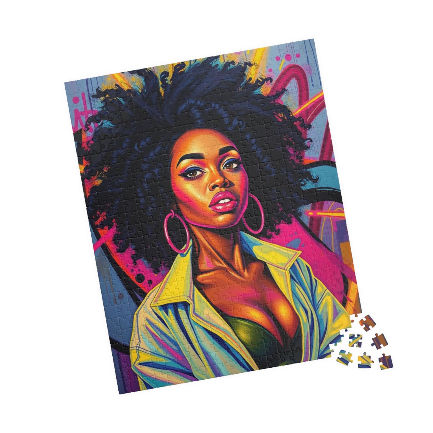 Black Woman Afro Puzzle - Abstract Pop Art Graffiti Background Jigsaw, Afrocentric, Black Art, 110, 252, 520, 1014-piece Puzzle The Puzzle Chest