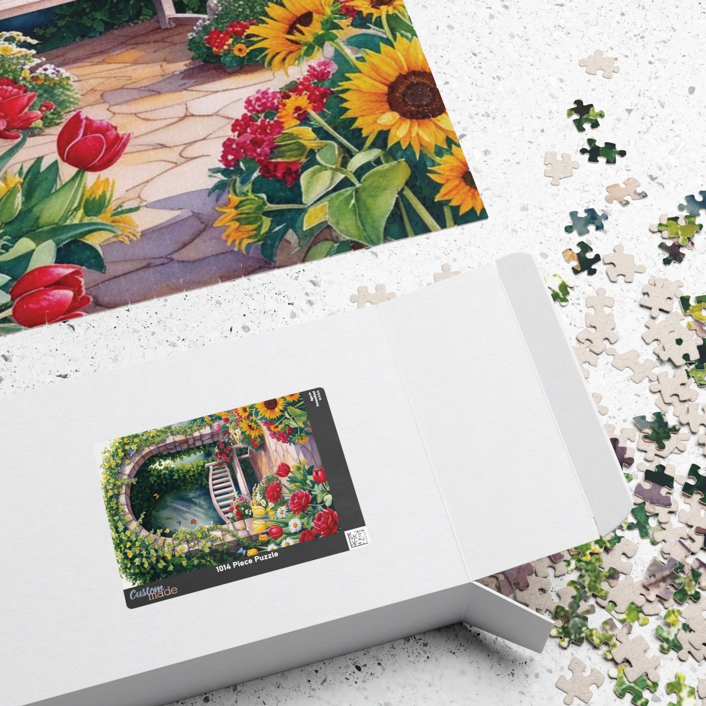Jigsaw Puzzle, Flower Garden Mosaic Puzzle, Roses Tulips Daisies Sunflowers, Wooden Bench Ivy Butterflies, 110 252 520 1014 pieces, Gift for Puzzle The Puzzle Chest