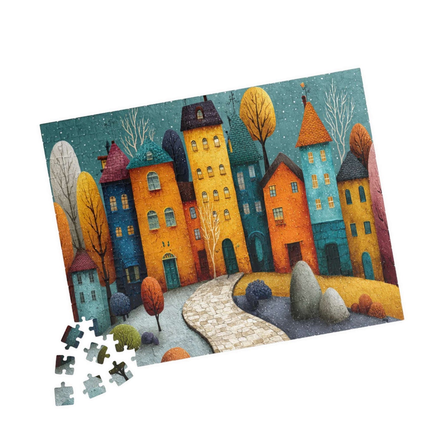 Playful Fantasy Village Jigsaw Puzzle – Artistic Townscape with Colorful Homes, Winding Path and Storybook Landscape 252 pcs (Horizontal) Puzzle The Puzzle Chest