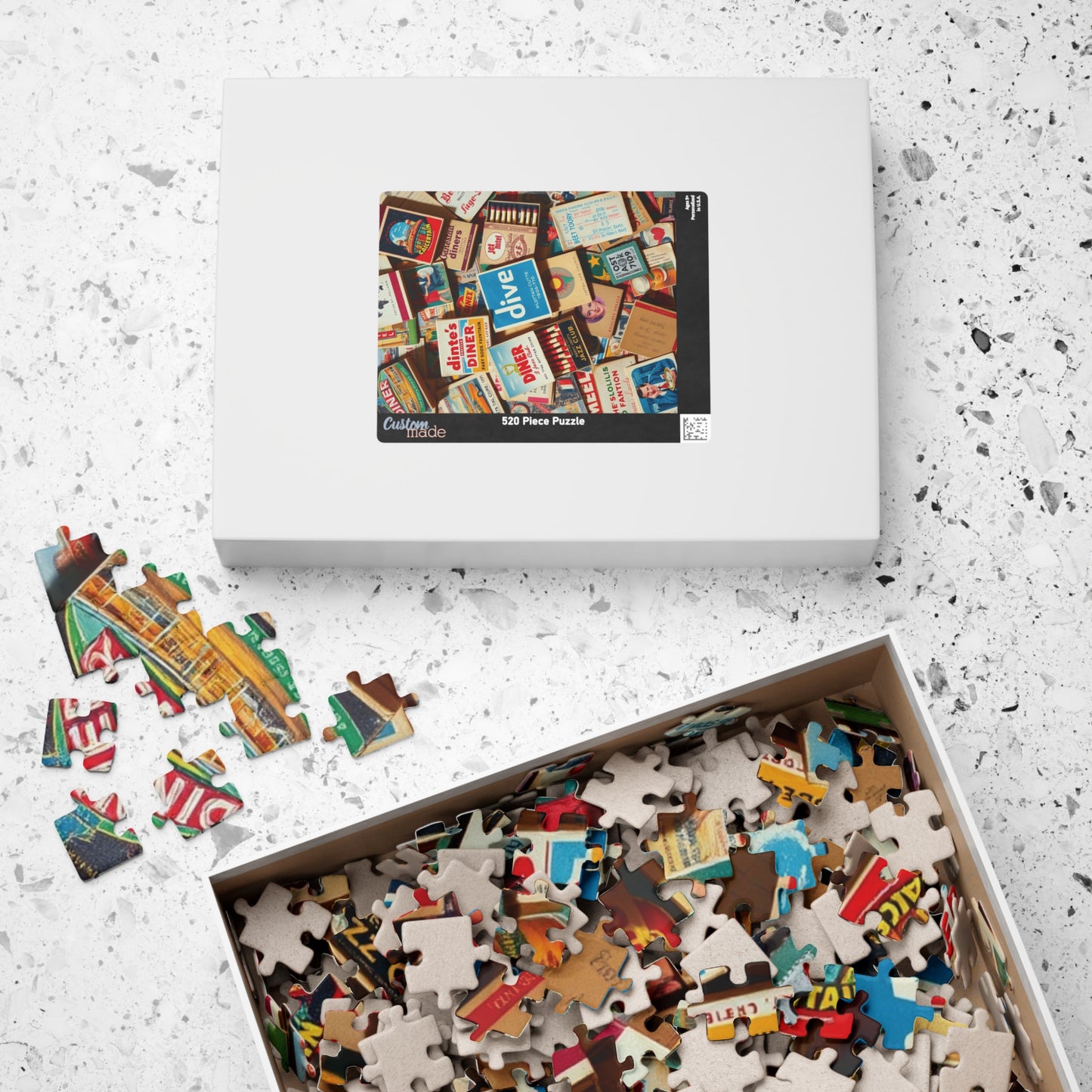Vintage Matchbook Collage Jigsaw Puzzle, Retro Americana Memorabilia, Old Matchboxes Postcards and Receipts, Mid-Century Diner Motel Designs Puzzle The Puzzle Chest
