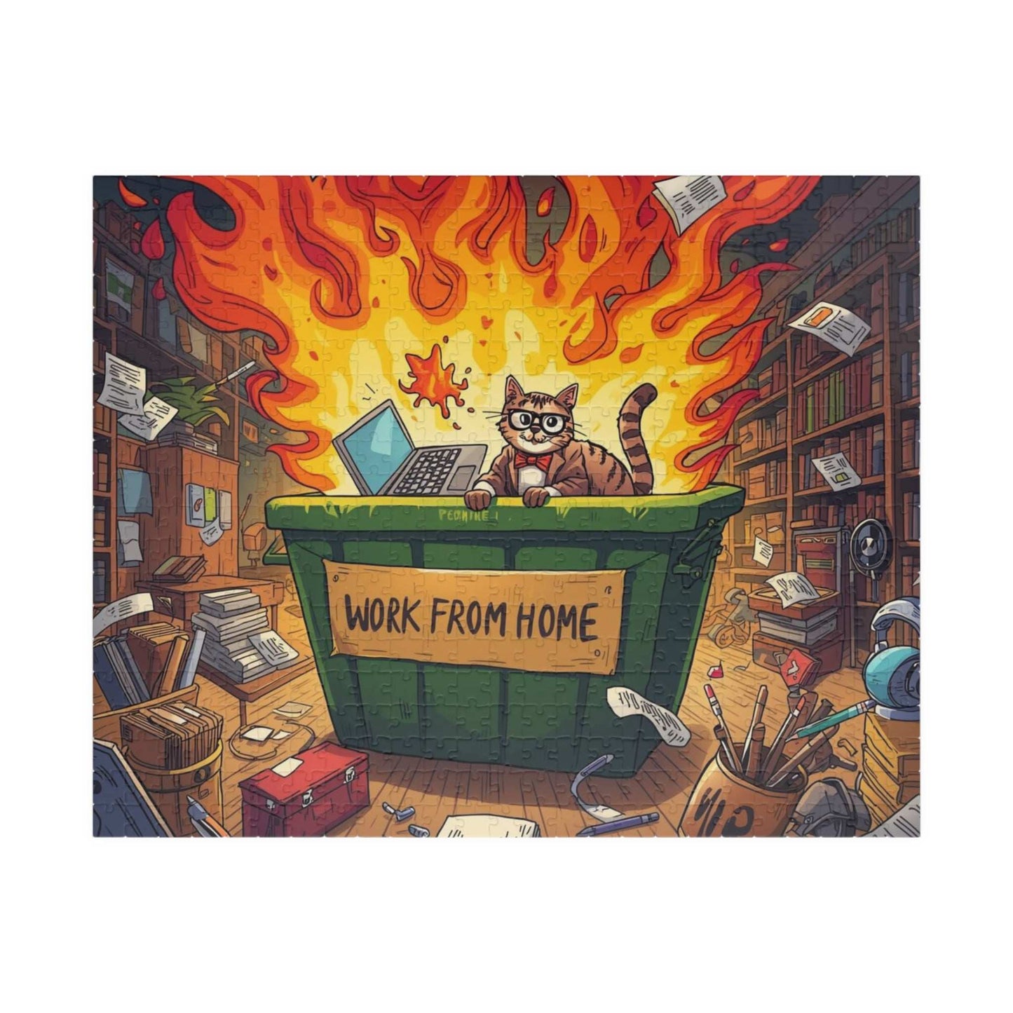 Funny Work From Home Jigsaw Puzzle - Cat Themed Dumpster Fire Meme, Humorous Holiday Birthday Gift for Friends, Family, Co-workers Puzzle The Puzzle Chest