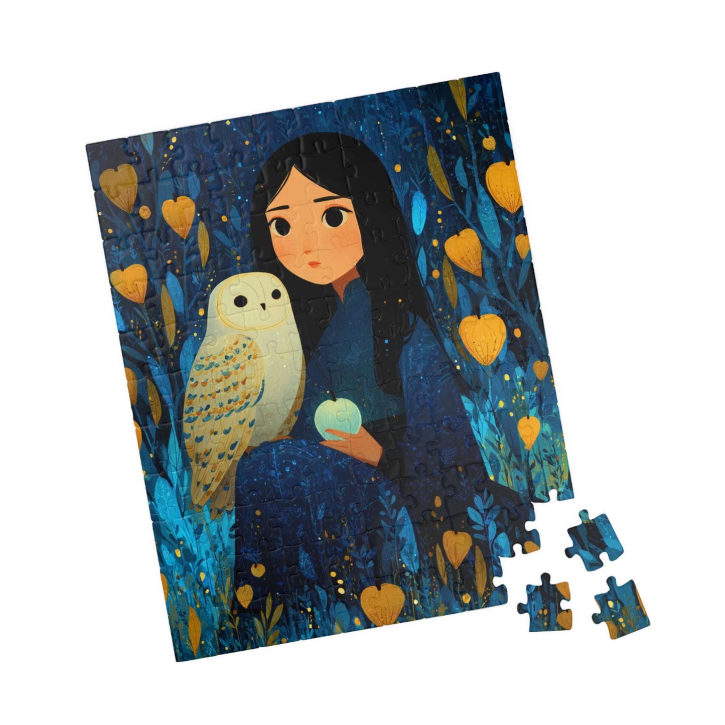 Watercolor Moonlit Orchard Jigsaw Puzzle - Girl and Owl, Storybook Art Game for Mindful Gift, Home Entertainment, Family Fun, Brain Teaser 110 pcs (Vertical) Puzzle The Puzzle Chest