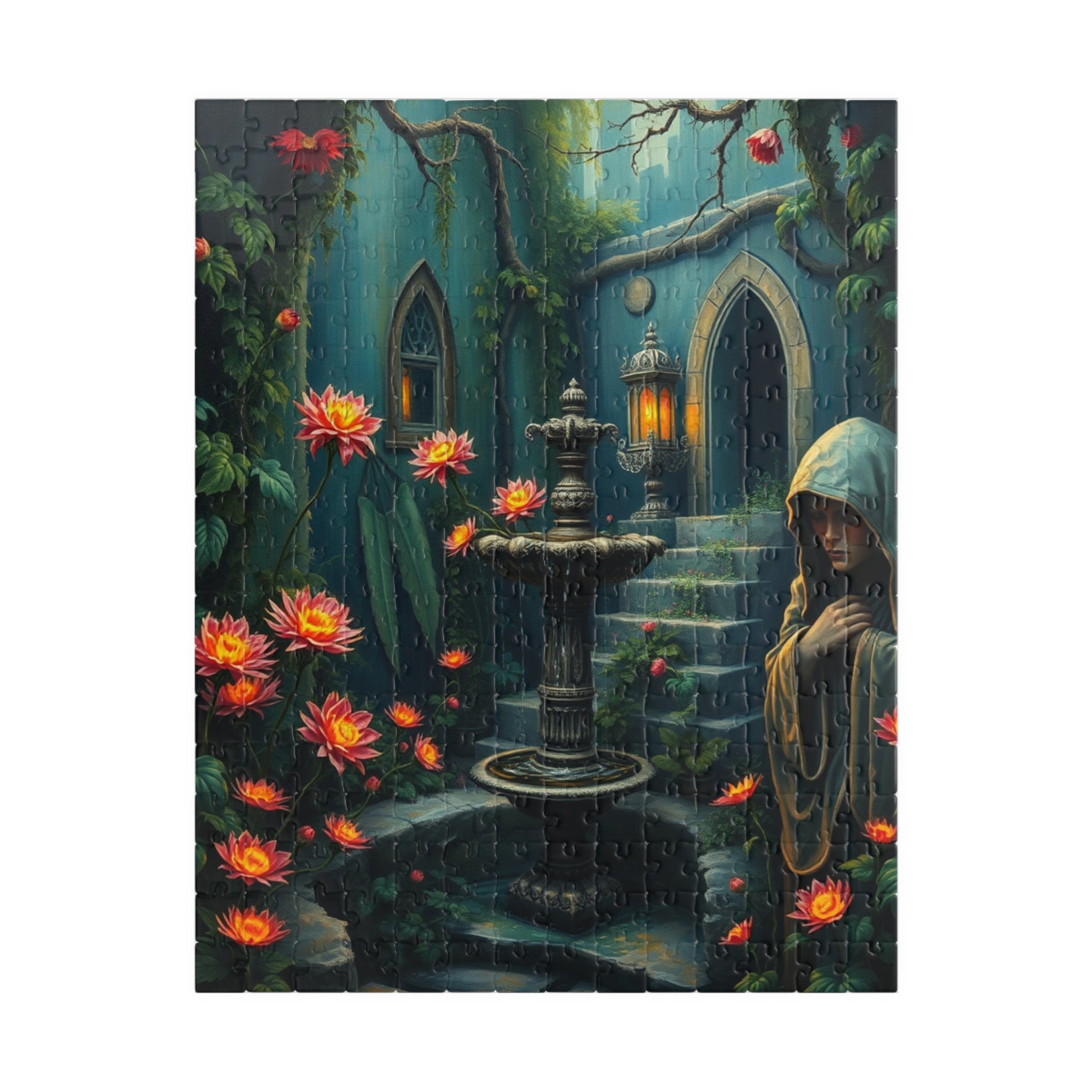 Gothic Garden Puzzle, Mysterious Bioluminescent Flowers & Stone Statues, 520-Piece Jigsaw, Dark Fantasy Art, Mystery Garden Puzzle, Fantasy 252 pcs (Vertical) Puzzle The Puzzle Chest