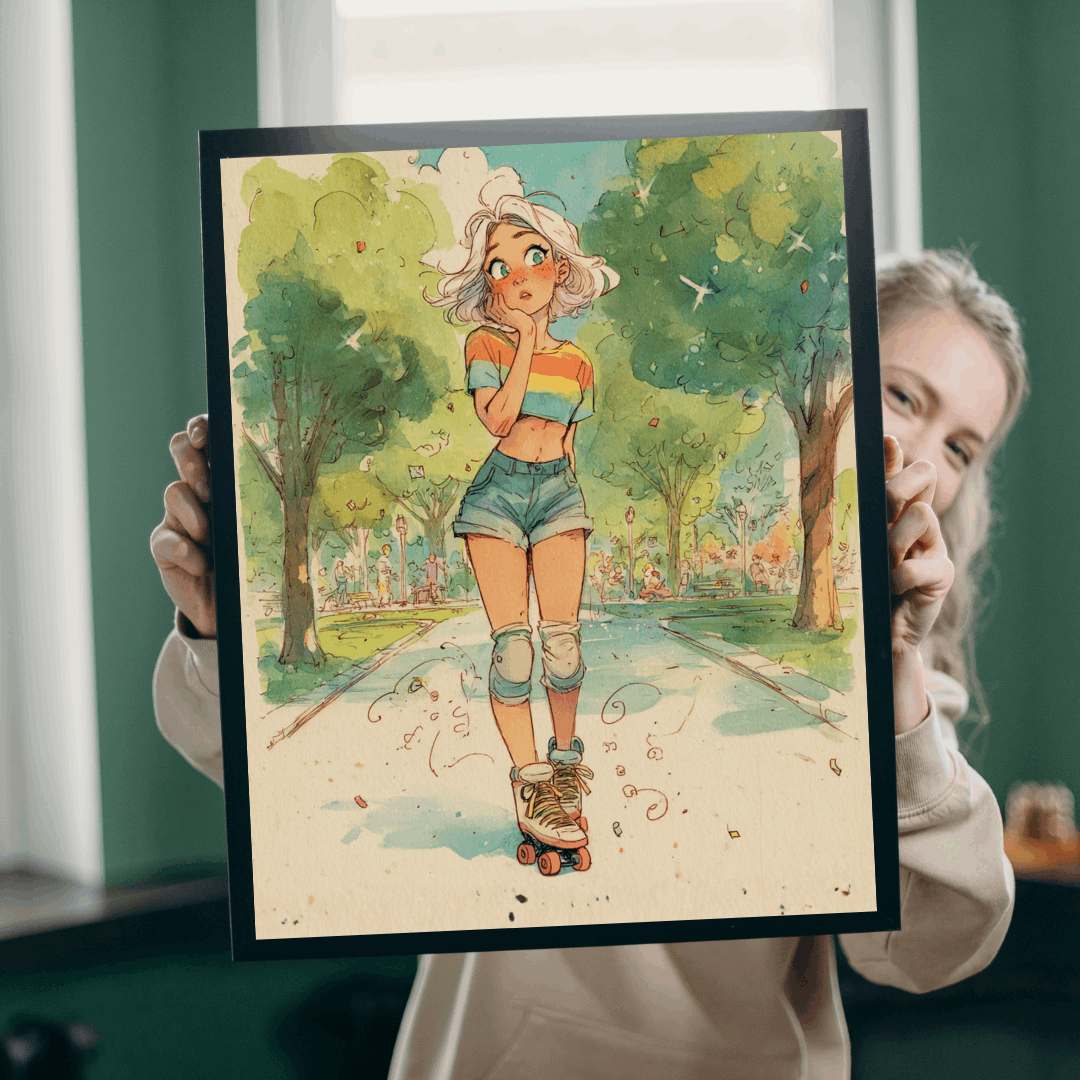 Funny Roller Skating Cartoon Puzzle for Teens and Adults – Woman Skating Summer Park Scene, Whimsical Watercolor Style Puzzle The Puzzle Chest