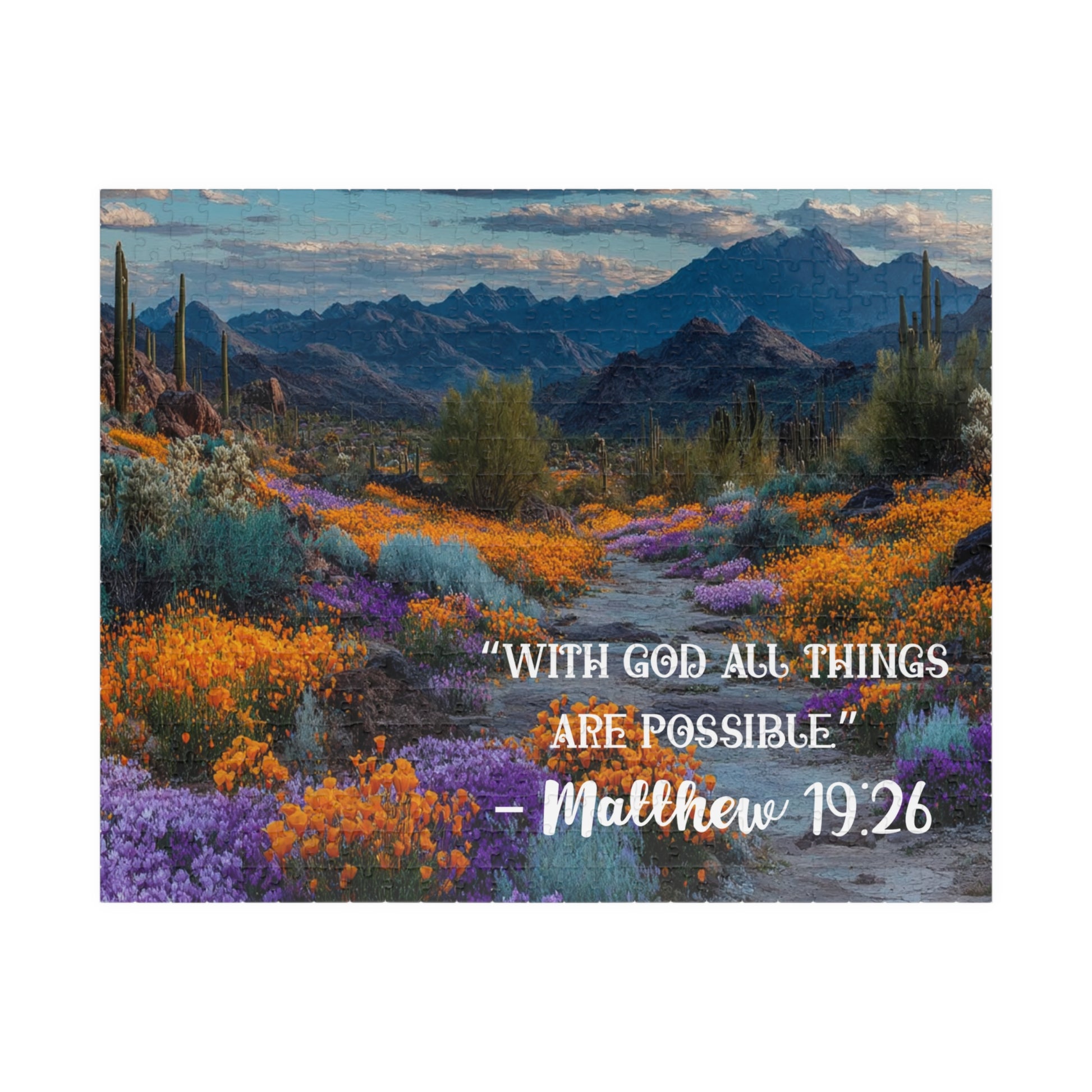 Blooming Desert Jigsaw Puzzle, Inspirational Puzzle Featuring Matthew 19:26 Puzzle The Puzzle Chest