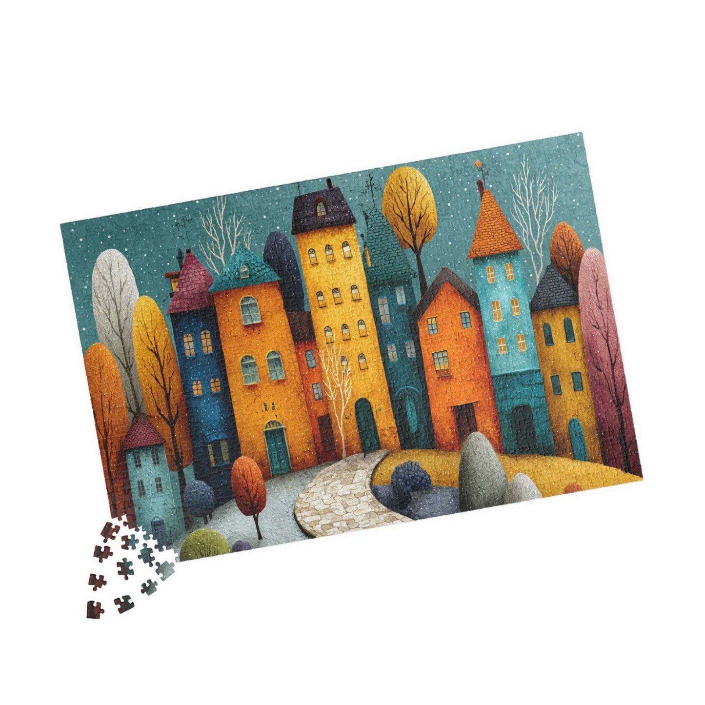 Playful Fantasy Village Jigsaw Puzzle – Artistic Townscape with Colorful Homes, Winding Path and Storybook Landscape 1014 pcs (Horizontal) Puzzle The Puzzle Chest