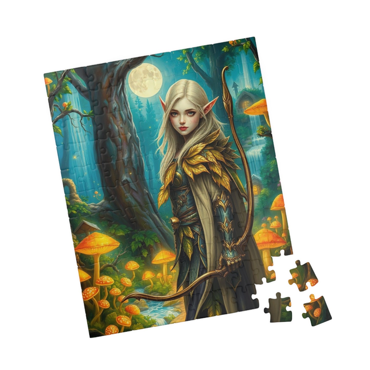 Elf Warrior Enchanted Forest Puzzle, Mystical Scene Glowing Mushrooms Moonlit Waterfalls, Fantasy Art Lover, Best Gift for Puzzle Enthusiast Puzzle The Puzzle Chest