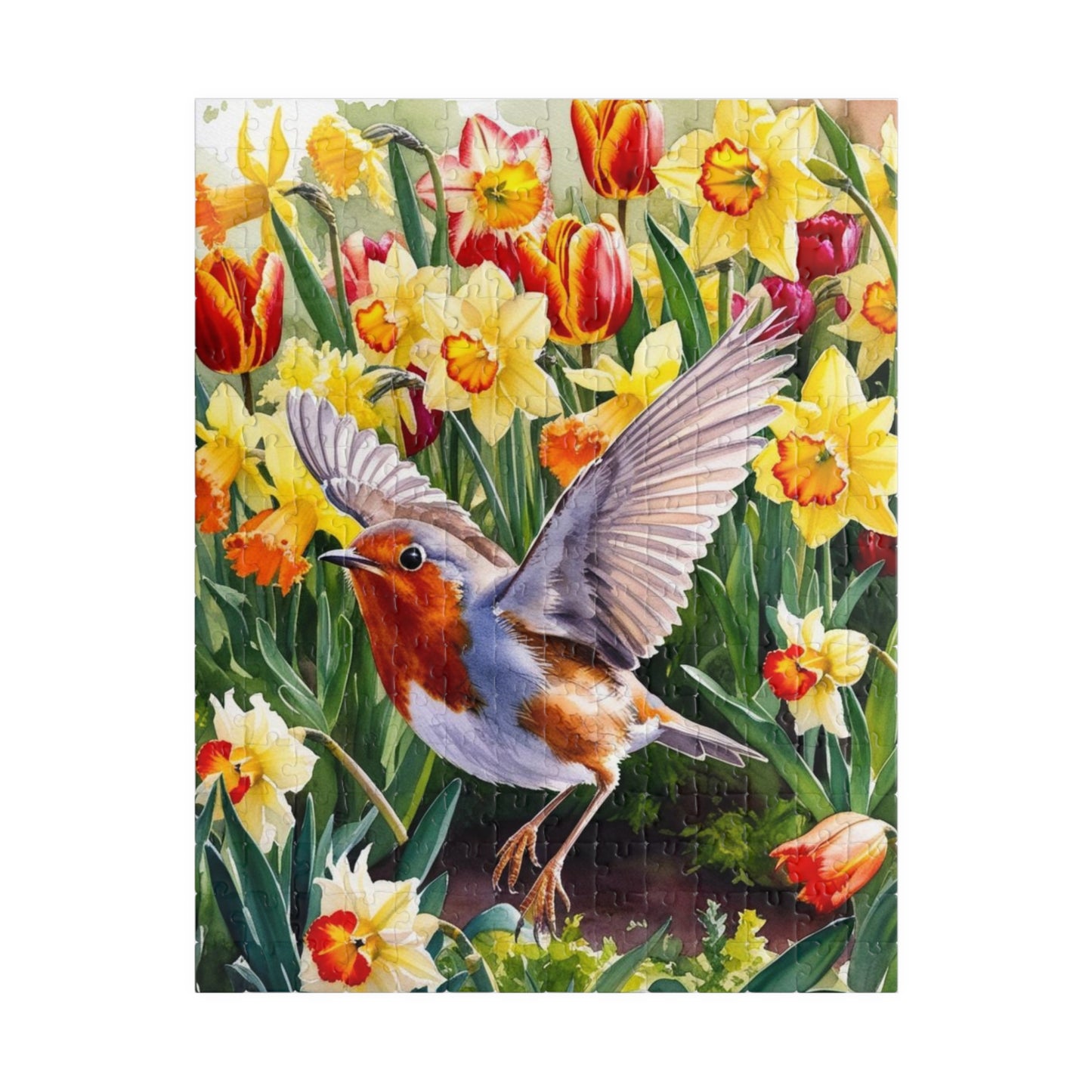 Robin Bird Flying Garden Puzzle, Tulips Daffodils Spring Landscape Jigsaw, 110 252 520 1014 Piece Game, Relaxation Hobby Gift, Nature 252 pcs (Vertical) Puzzle The Puzzle Chest