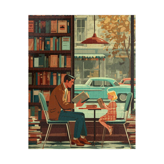 Vintage Book Haven Jigsaw Puzzle - Retro Style Cozy Bookstore, Storybook Cartoon Illustration Puzzle The Puzzle Chest