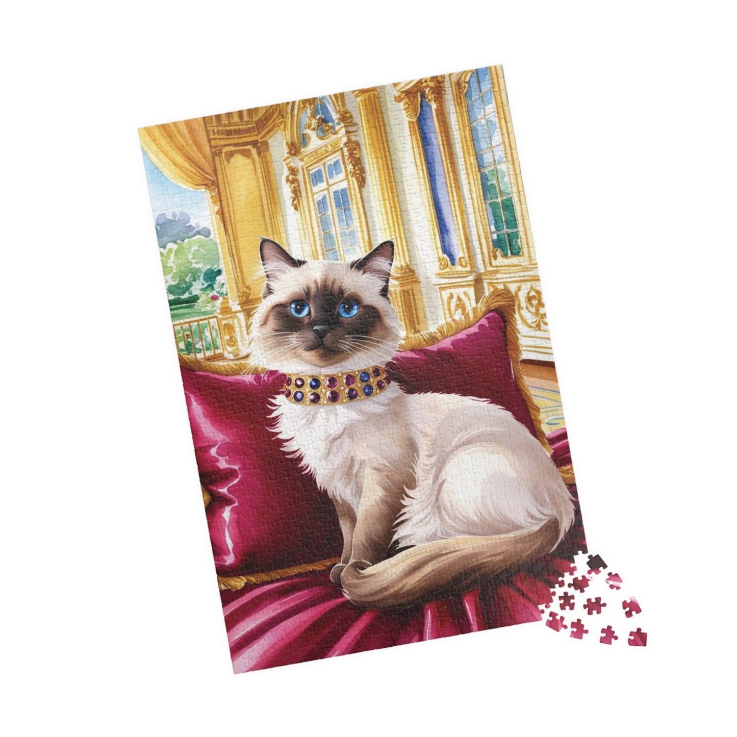Jigsaw Puzzle - Siamese Cat with Jeweled Collar, Opulent Palace Room, Animal Puzzle, Relaxing Cat Puzzle, Silk Pillow Puzzle, Cat Lover Gift Puzzle The Puzzle Chest