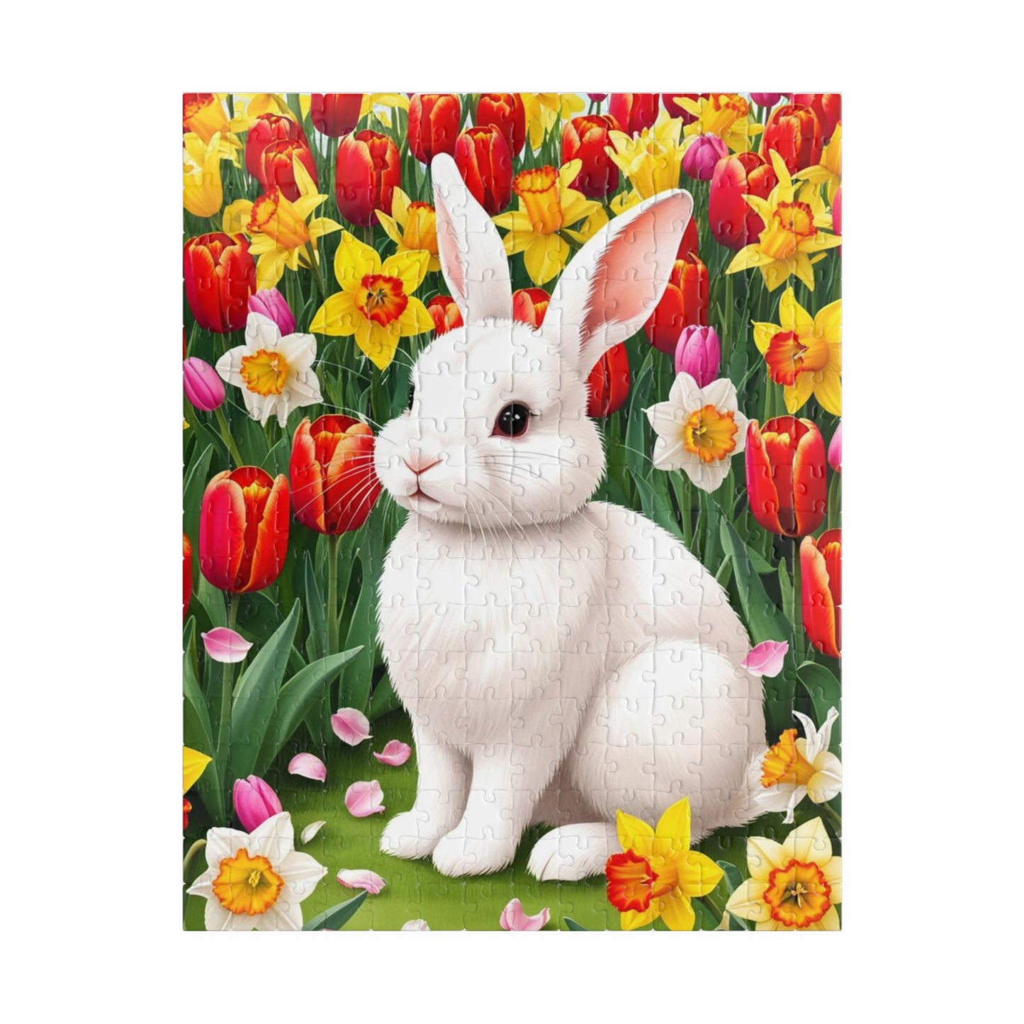 Puzzle - Fluffy Rabbit in Colorful Garden with Tulips and Daffodils, Fun Nature Jigsaw Game, Relaxing Hobby, Easter Gift, Mindful Activity 252 pcs (Vertical) Puzzle The Puzzle Chest