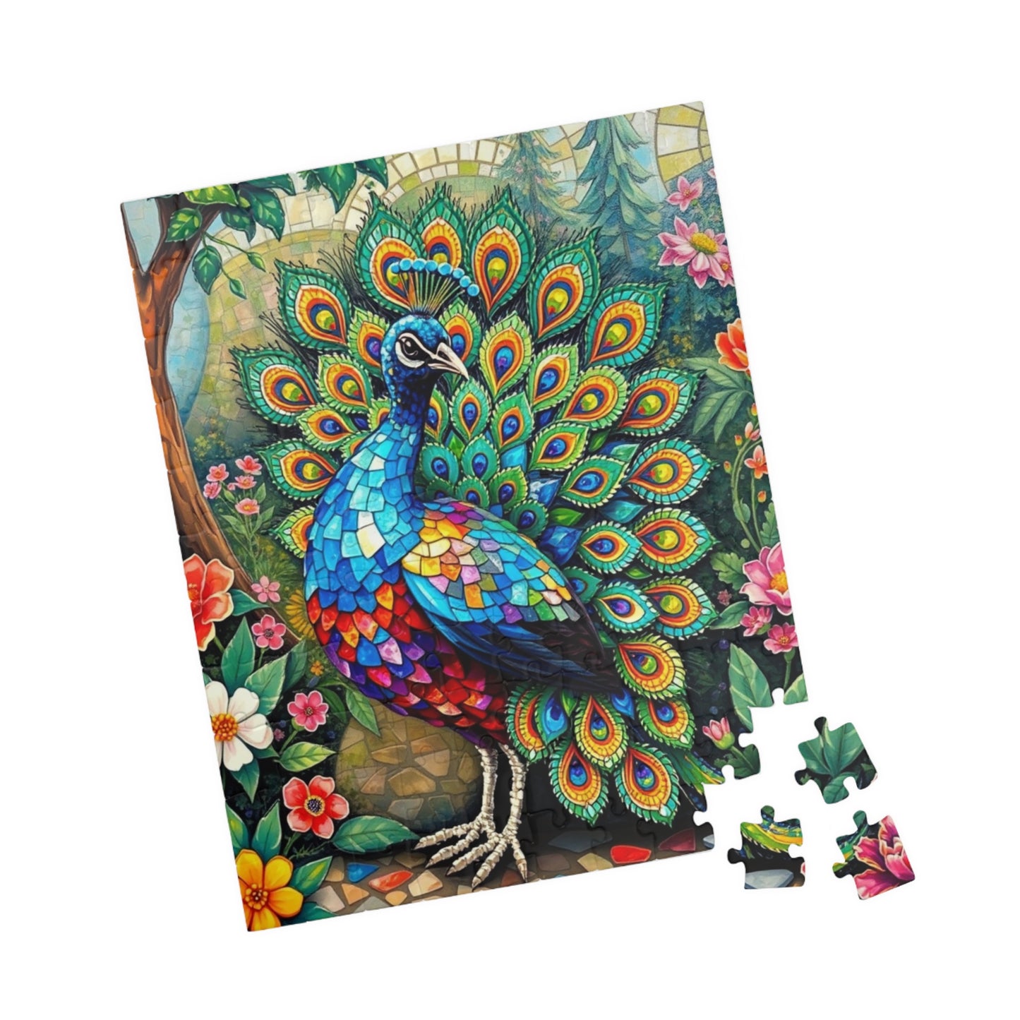 Mosaic Peacock Puzzle, Beautiful Fan-Tailed Bird in a Jewel-Toned Mosaic Art Garden Scene for Adults Teens, Gift for Animal Lover, Mindful Puzzle The Puzzle Chest