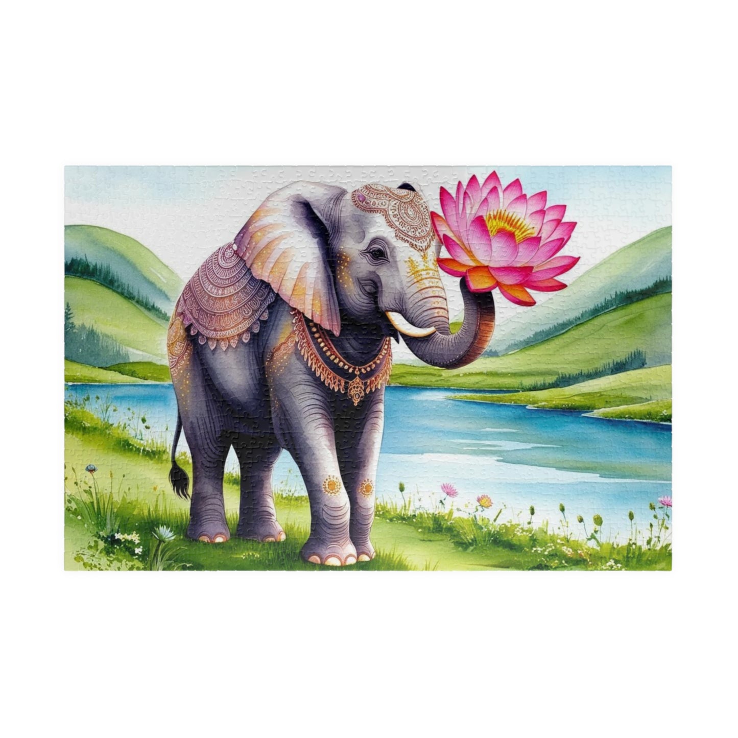 Elephant Lotus Flower Puzzle, Whimsical Animal Art Adult Puzzle Game, Meditation Friend Gift, Family Night Activity, Home Entertainment 1014 pcs (Horizontal) Puzzle The Puzzle Chest
