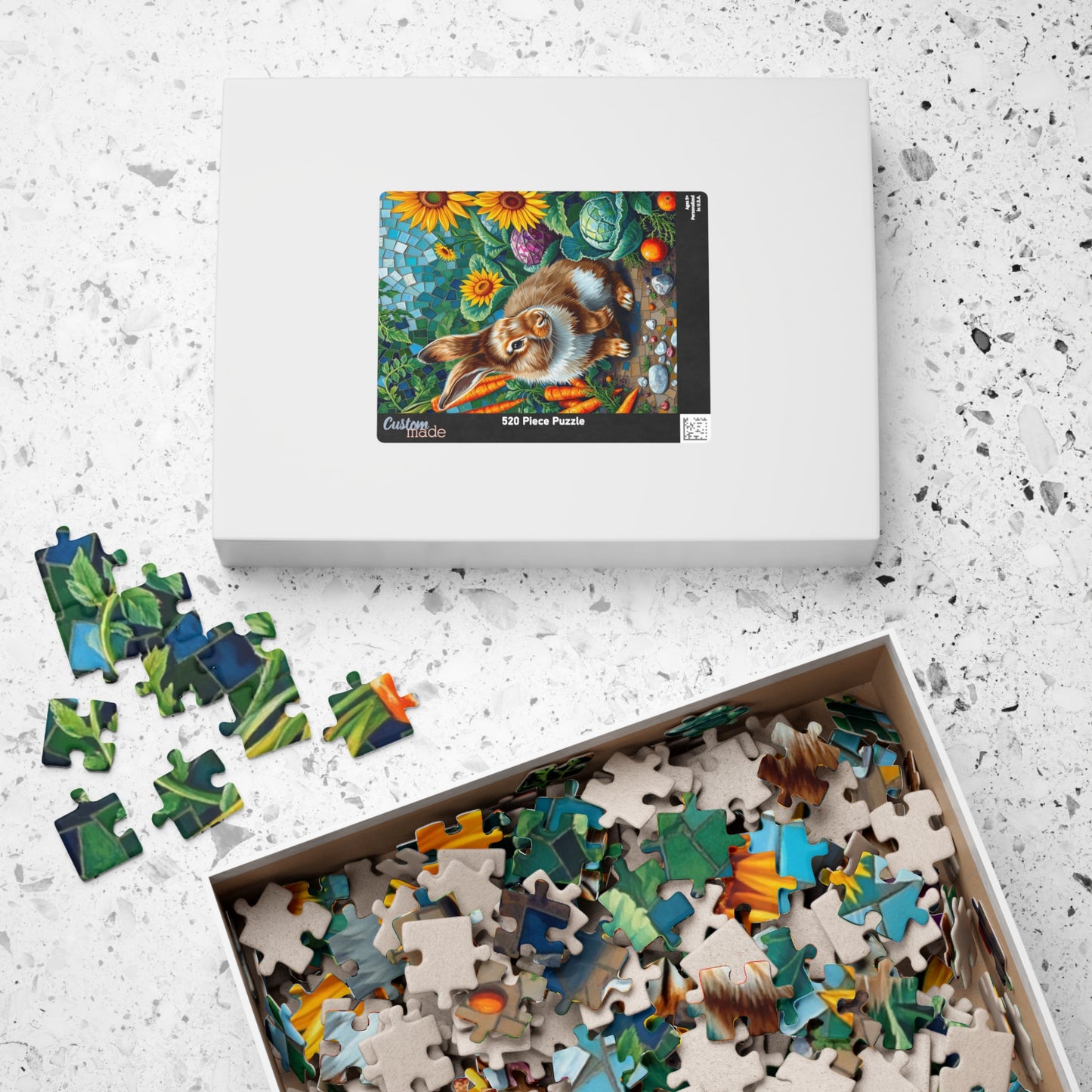 Fluffy Bunny Garden Mosaic Puzzle, Rabbit Near Carrots Cabbage and Sunflowers, Nature Animal Theme Jigsaw Game for Children and Adults, Gift Puzzle The Puzzle Chest