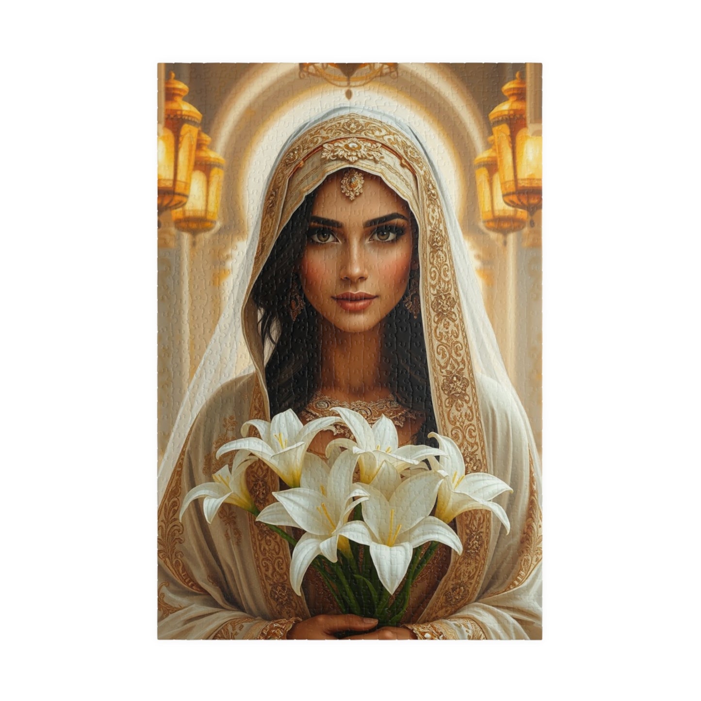 Middle Eastern Bride Puzzle with Gold Ivory Kaftan and Lanterns, Family Friendly Wedding Jigsaw Game, Mindful Activity, Puzzle Lover Gift 1014 pcs (Vertical) Puzzle The Puzzle Chest