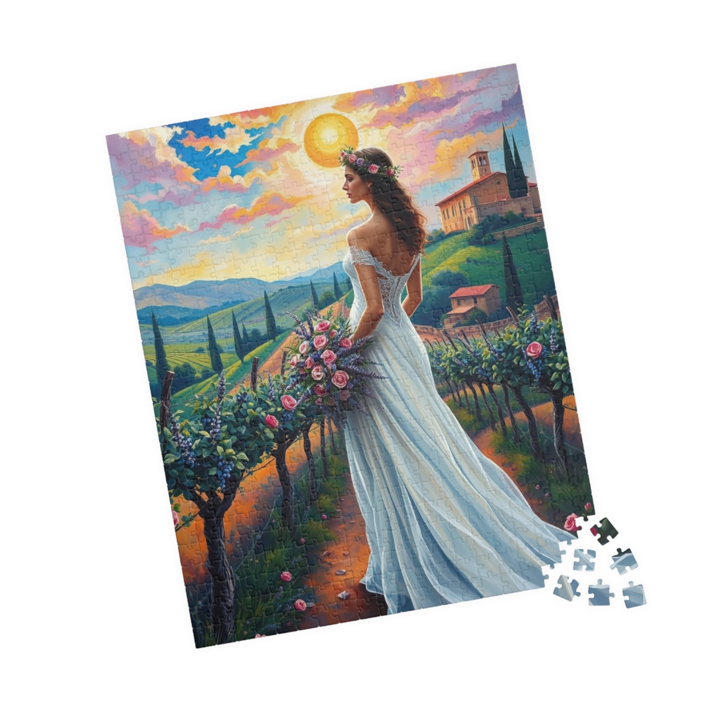Whimsical Italian Bride Jigsaw Puzzle, White Gown Floral Crown Rose Bouquet, Tuscan Vineyard Romantic Wedding, Modern Art Lover Unique Gift Puzzle The Puzzle Chest