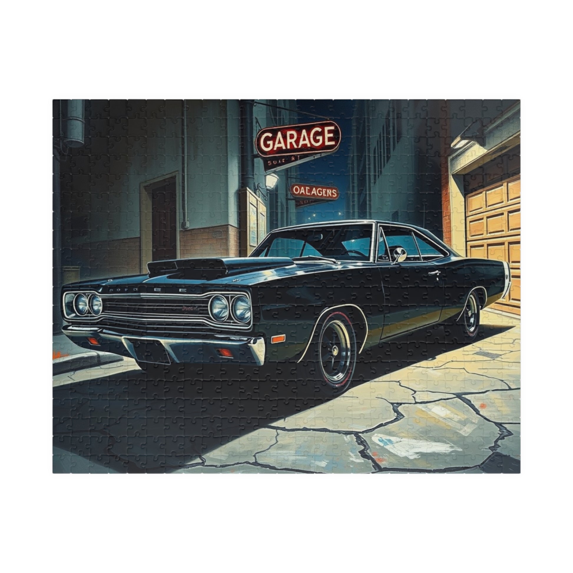 Vintage Muscle Car Jigsaw Puzzle, Classic 1968 Super Bee, Retro Vehicle Dramatic Urban Night Scene 520 pcs (Horizontal) Puzzle The Puzzle Chest