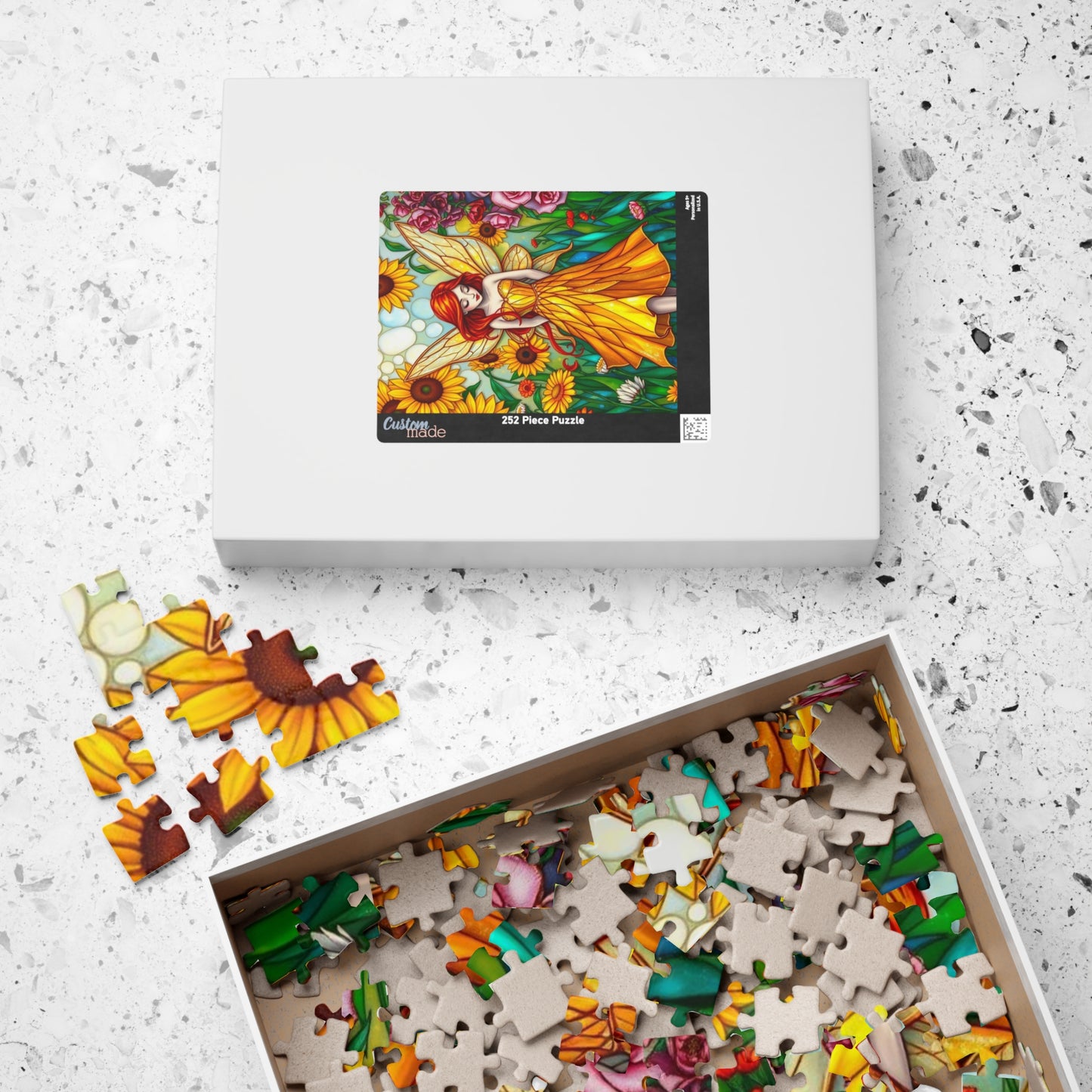 Fairy Sunflower Jigsaw Puzzle - Stained Glass Style, 110/252/520/1014-Piece, Hobby Game, Gift for Fantasy Lover Birthday Holiday