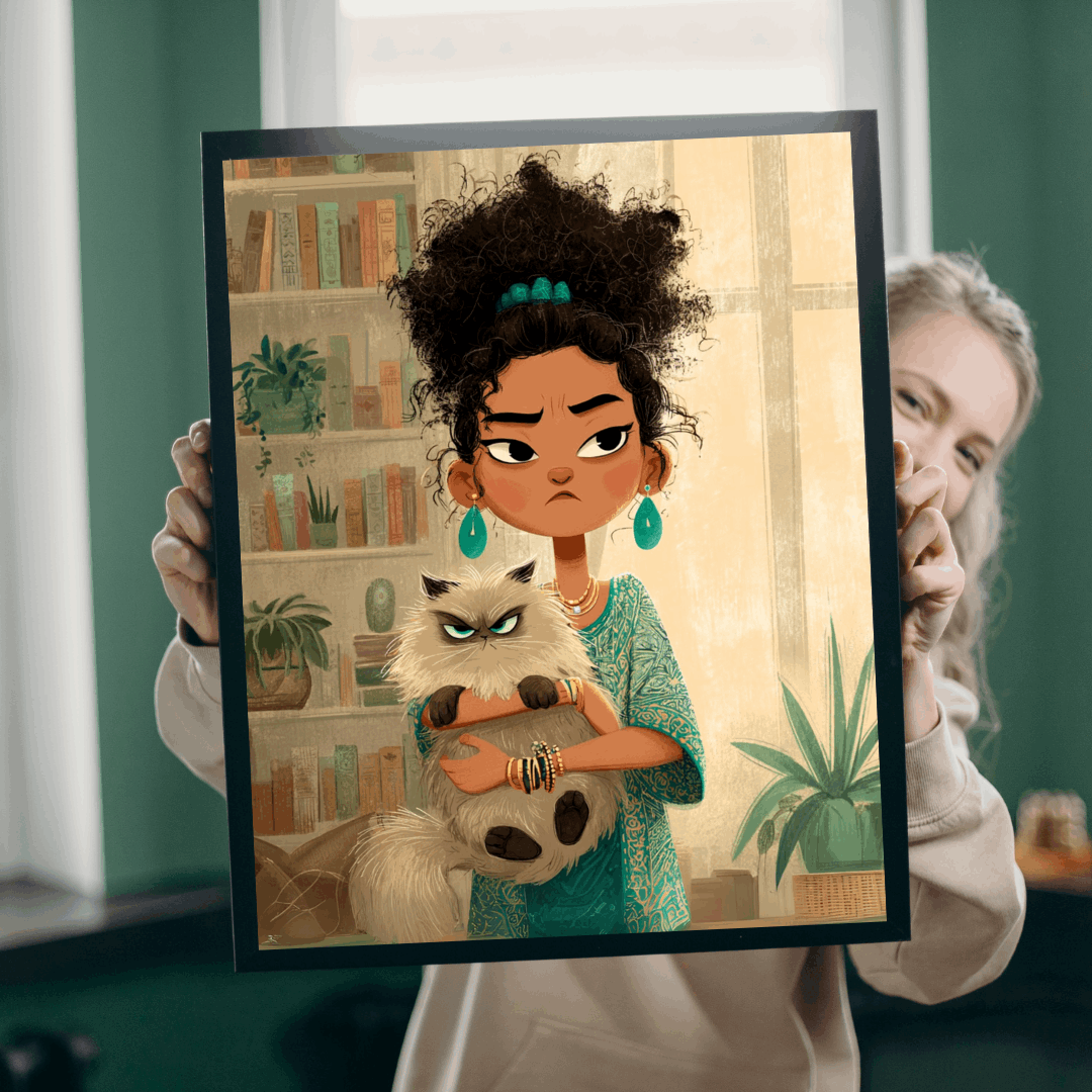 Funny Cat Cartoon Puzzle for Adults - Woman Holding Grumpy Kitten, Watercolor Illustration Puzzle The Puzzle Chest