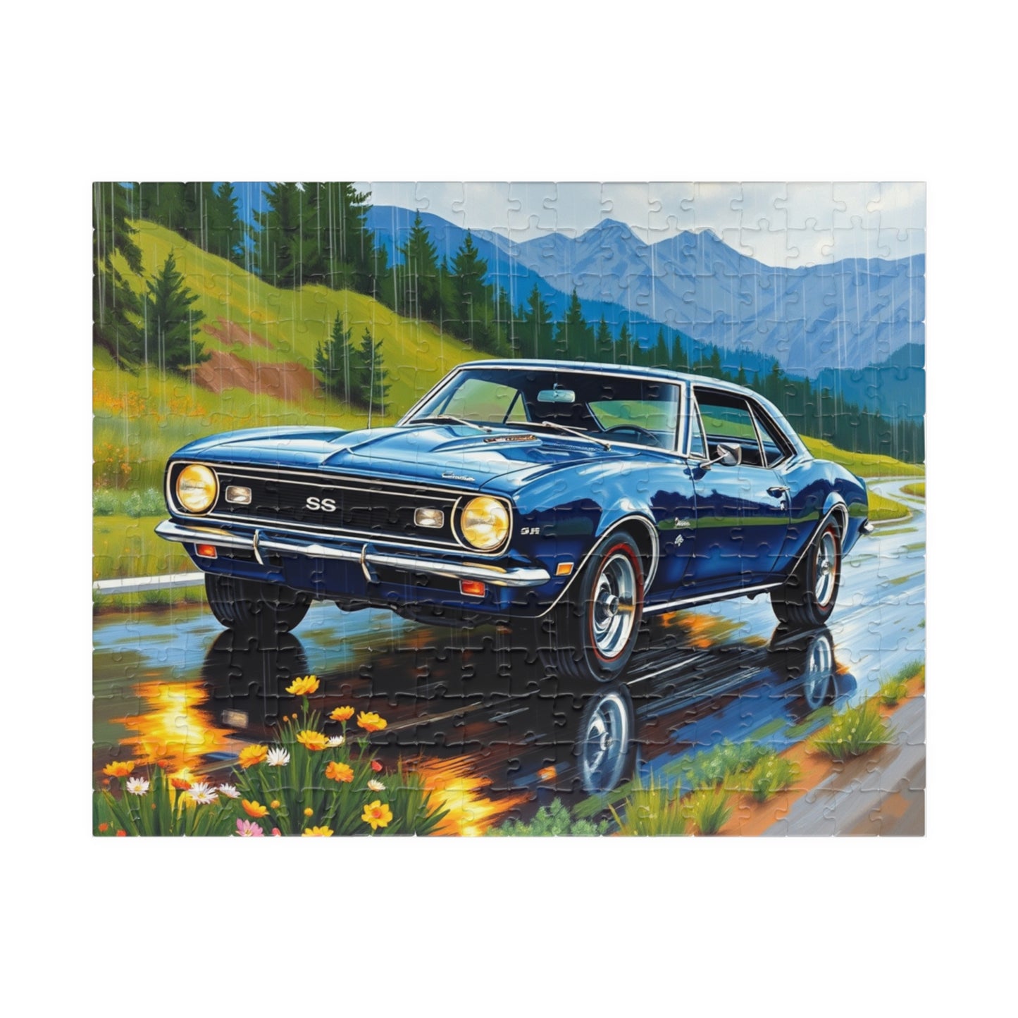 Vintage Muscle Car Jigsaw Puzzle, 1967 Chevrolet Camaro Classic Vehicle, Chevy on Rainy Road Trip Scenic Art, Car Lover Gift for Him 252 pcs (Horizontal) Puzzle The Puzzle Chest