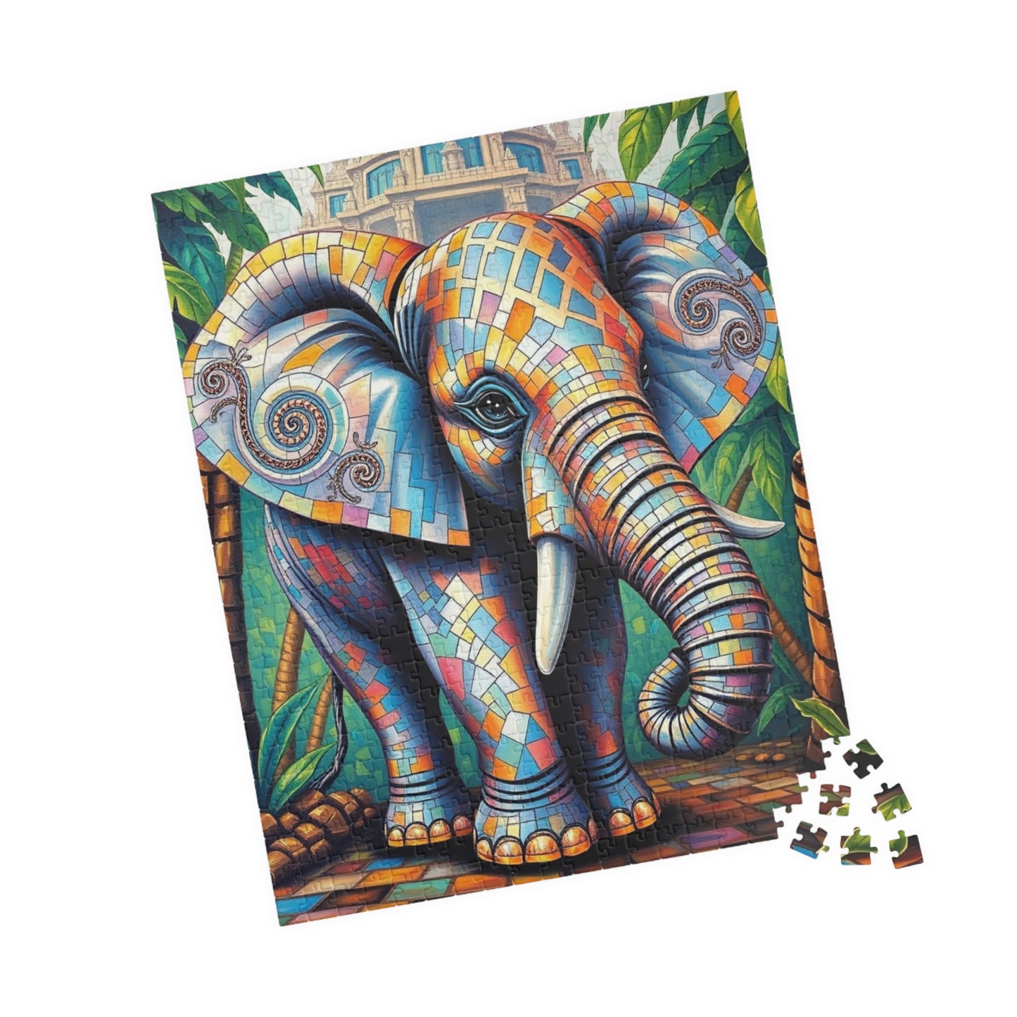 Majestic Mosaic Elephant Jigsaw Puzzle, Unique Mosaic Tile Artwork in a Jungle Setting, Challenging Animal Puzzle for Adults, Unique Gift Puzzle The Puzzle Chest