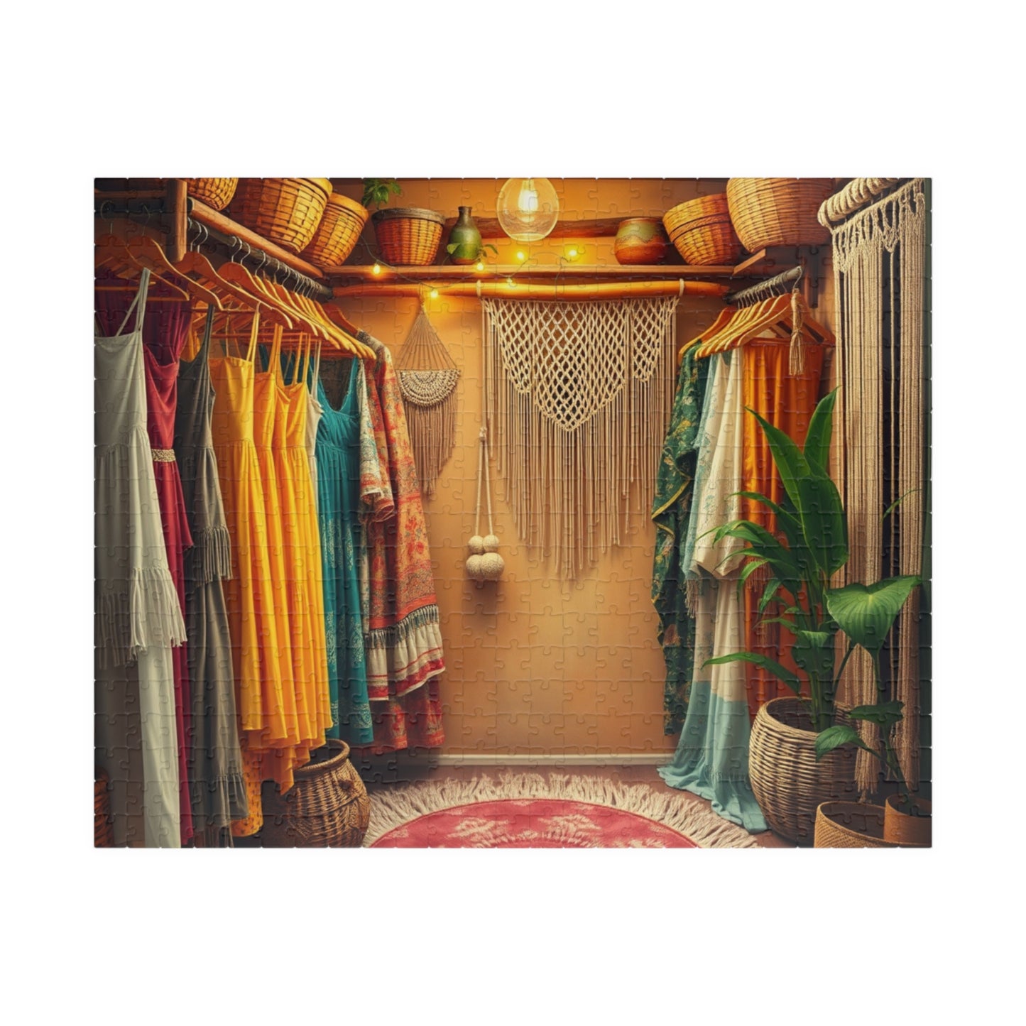 Boho Chic Closet Jigsaw Puzzle, Rustic Fashion Wardrobe with Dresses Plants and Accessories Game, Dreamy Womans Boutique, Puzzle Lover Gift