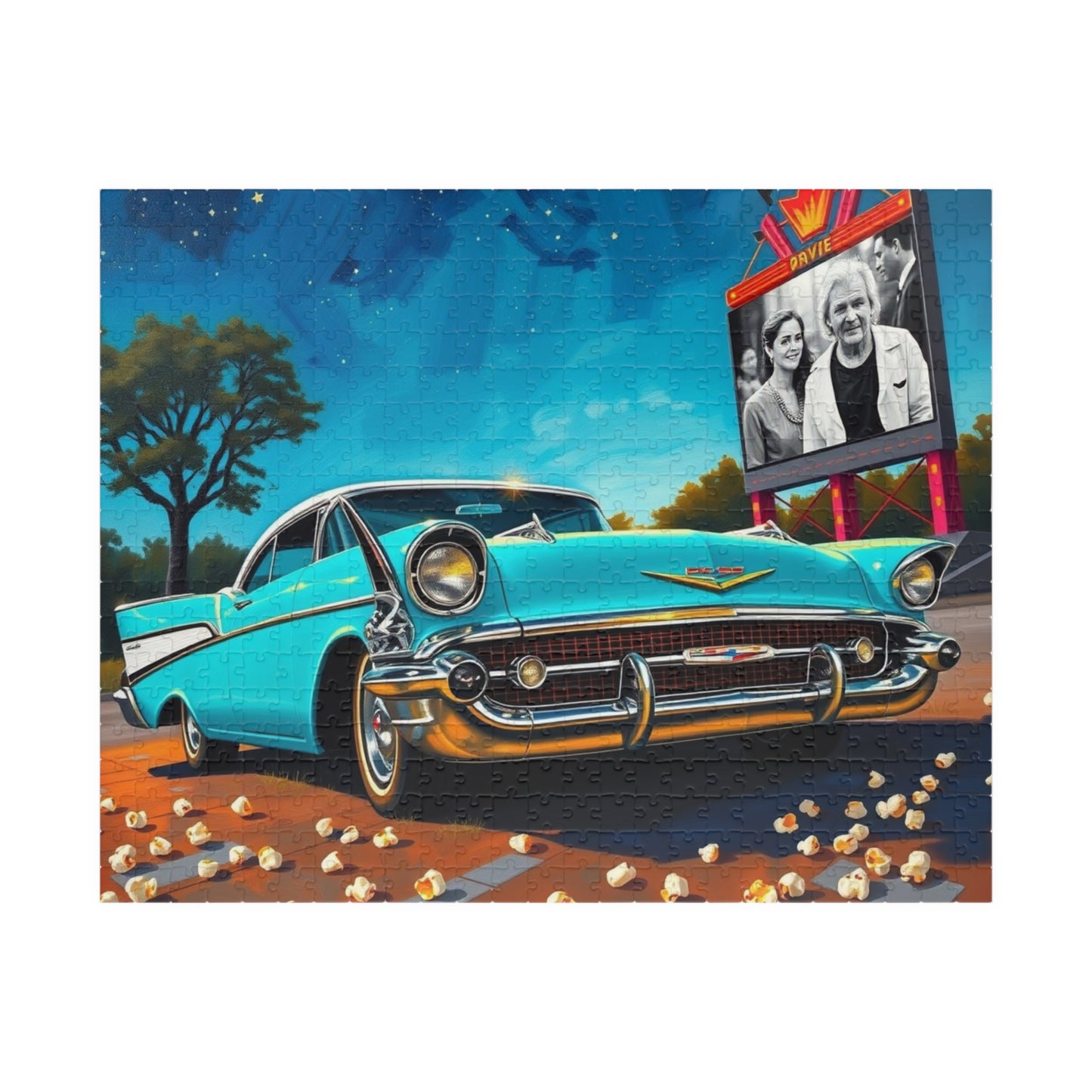 Nostalgic 1950s Car Puzzle, Turquoise Bel Air at Neon-Lit Drive-In, Classic American Car Enthusiast, Best Gift for Him, Mindfulness 520 pcs (Horizontal) Puzzle The Puzzle Chest