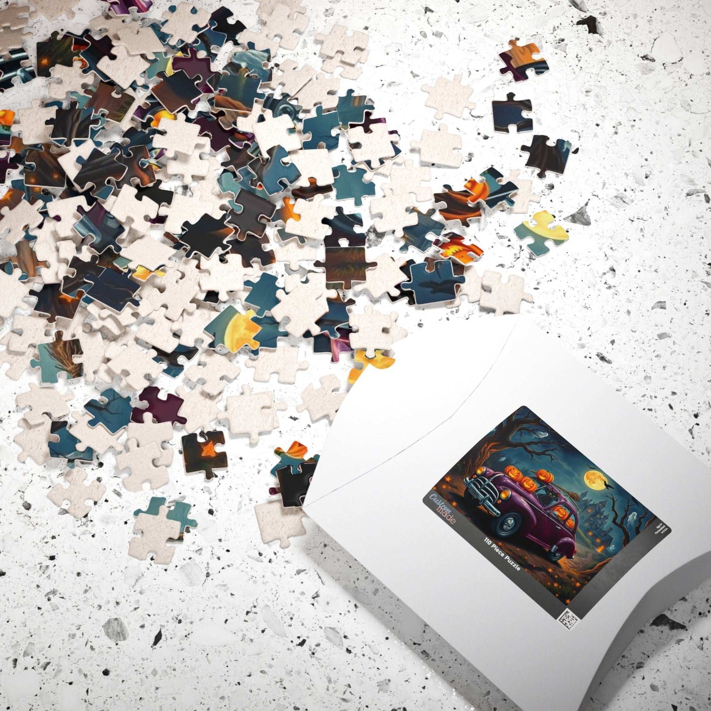 Halloween-Themed Vintage Car Jigsaw Puzzle with Cats, Ghosts and Pumpkins
