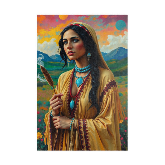 Spiritual Indigenous Bride Puzzle with Turquoise Jewelry and Smudge Stick, Colorful Landscape Wedding Jigsaw Game, Unique Puzzle Lover Gift 1014 pcs (Vertical) Puzzle The Puzzle Chest