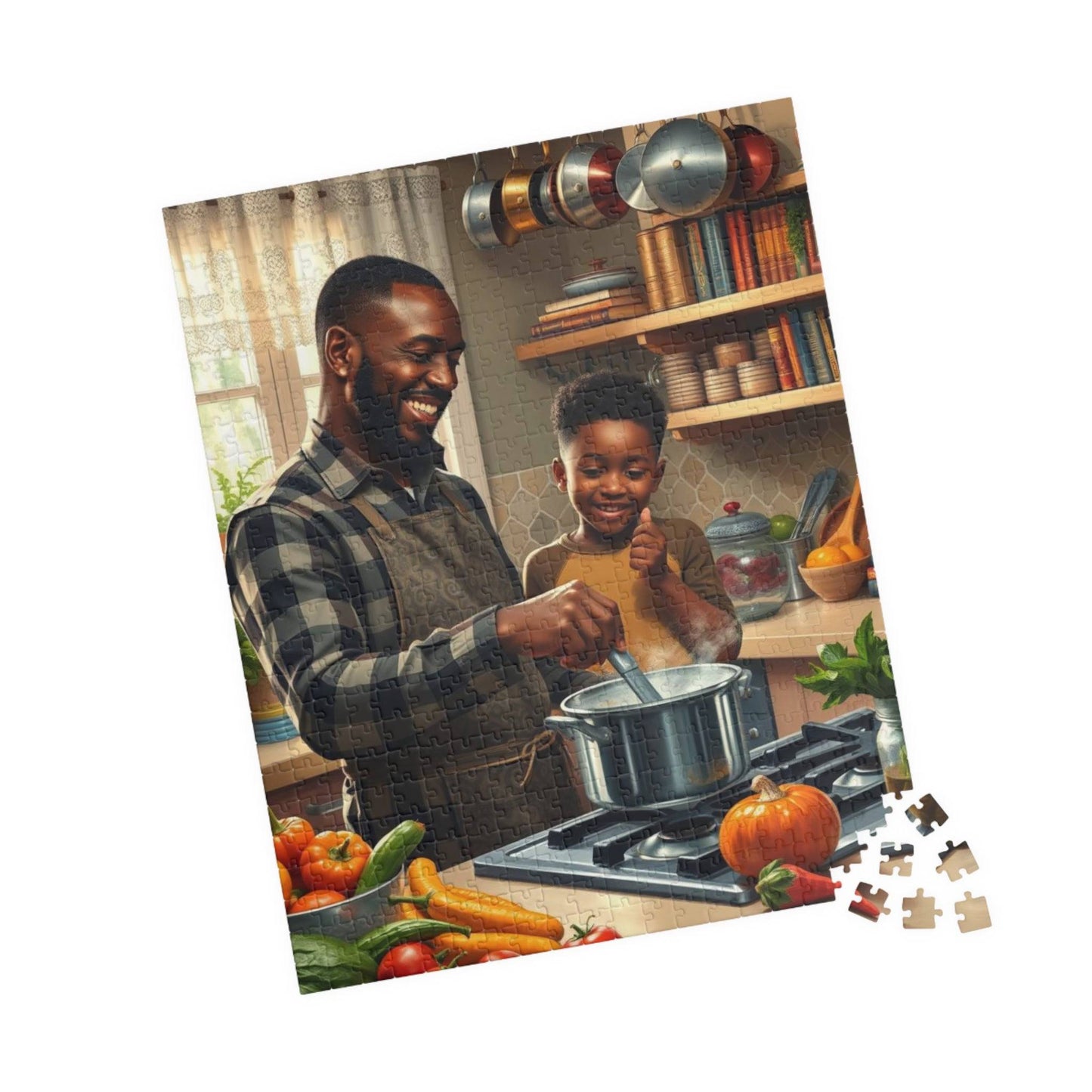 Black Family Cooking Jigsaw Puzzle - African American Father and Son Kitchen Scene, Afrocentric Art 520 pcs (Vertical) Puzzle The Puzzle Chest