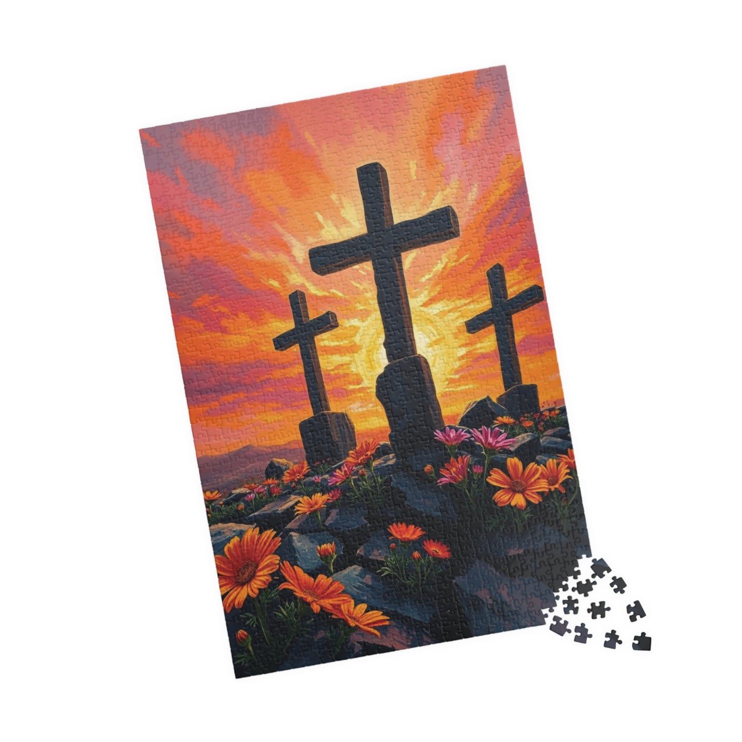 Three Crosses Sunrise Puzzle, Christian Wildflower Jigsaw Game, Spiritual Uplifting Scene with Wooden Crosses, Religious Puzzle Lover Gift Puzzle The Puzzle Chest