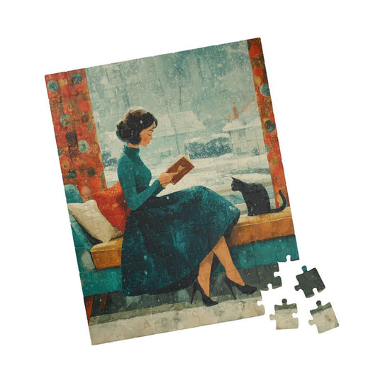 Mid-Century Winter Reading Nook Jigsaw Puzzle – Vintage 1950s Woman, Cat, and Snowy Window 110 pcs (Vertical) Puzzle The Puzzle Chest