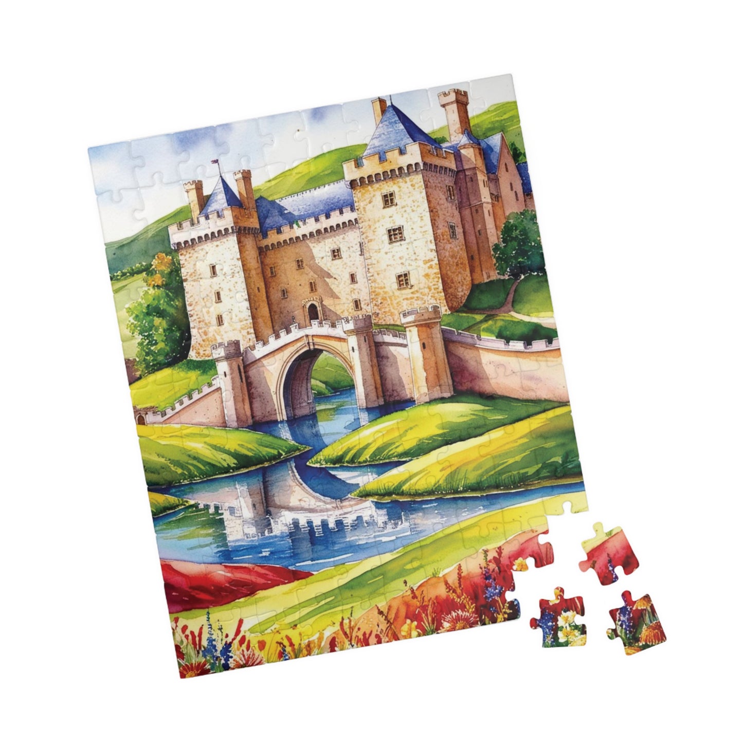 Medieval Castle Landscape Jigsaw Puzzle, Serene Moat Drawbridge Rolling Hills and Colorful Flowers, Challenging Family Game, Mindfulness Puzzle The Puzzle Chest