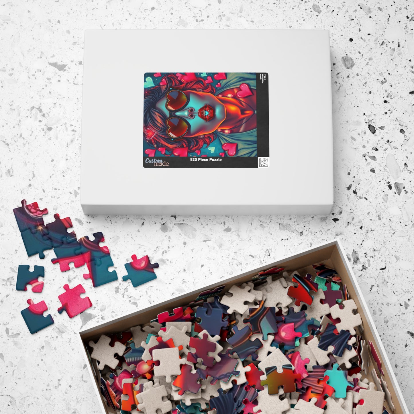 Hearts and Kisses Jigsaw Puzzle, Woman Blowing a Kiss, Comic Pop Art Nostalgic Game for Fun Gathering, Gift for Puzzle Lover, Family Night
