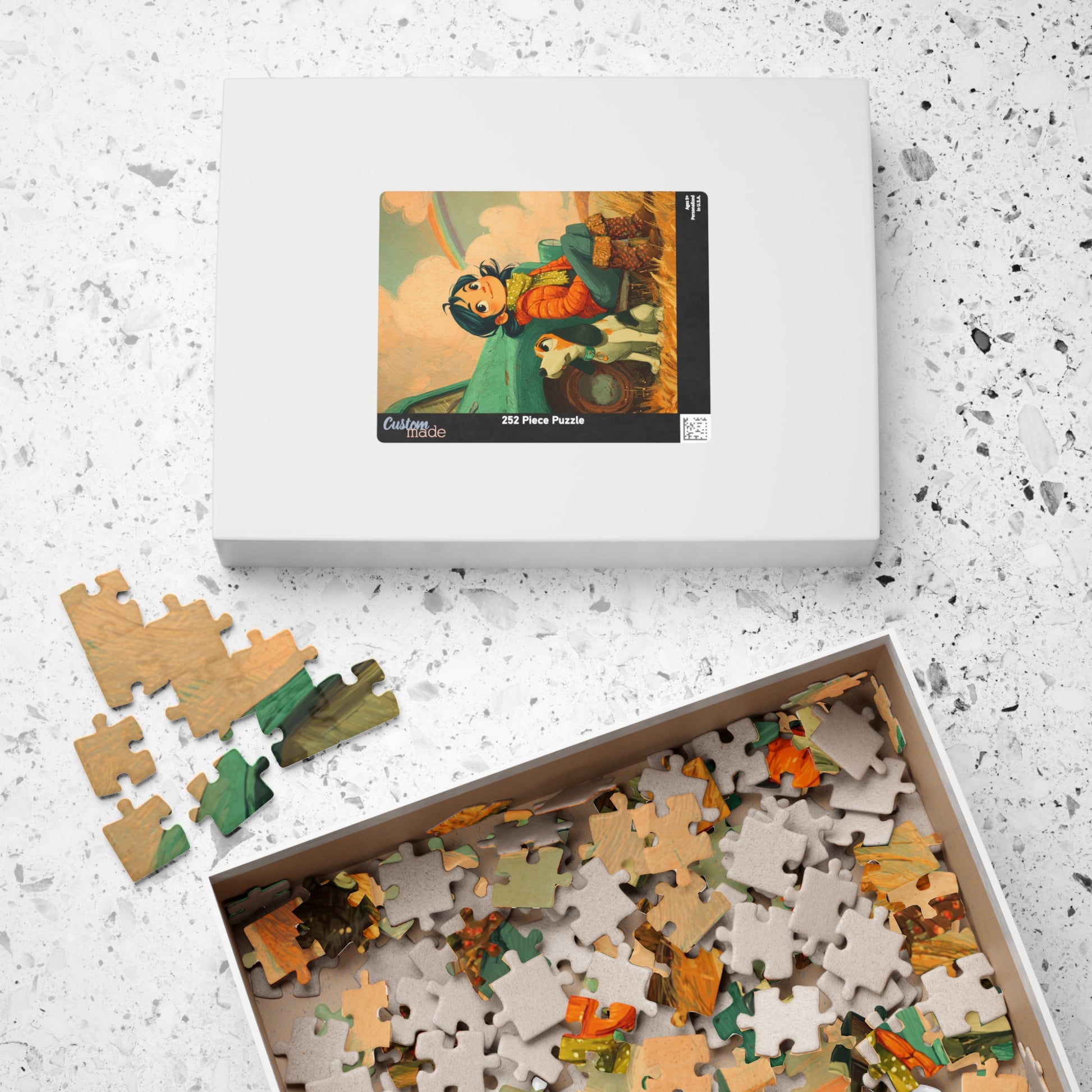 Cheerful Country Girl Jigsaw Puzzle – Whimsical Cartoon Truck, Dog and Rainbow Countryside Scene Puzzle The Puzzle Chest