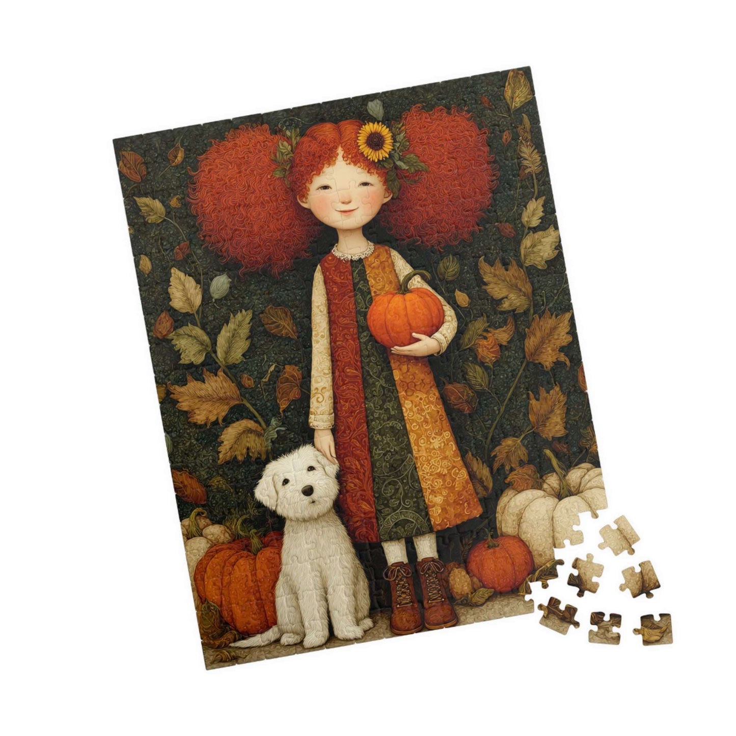 Pumpkin Patch Storybook Fairy-Tale Puzzle – Red-Haired Girl and White Terrier in a Whimsical Autumn Scene 252 pcs (Vertical) Puzzle The Puzzle Chest