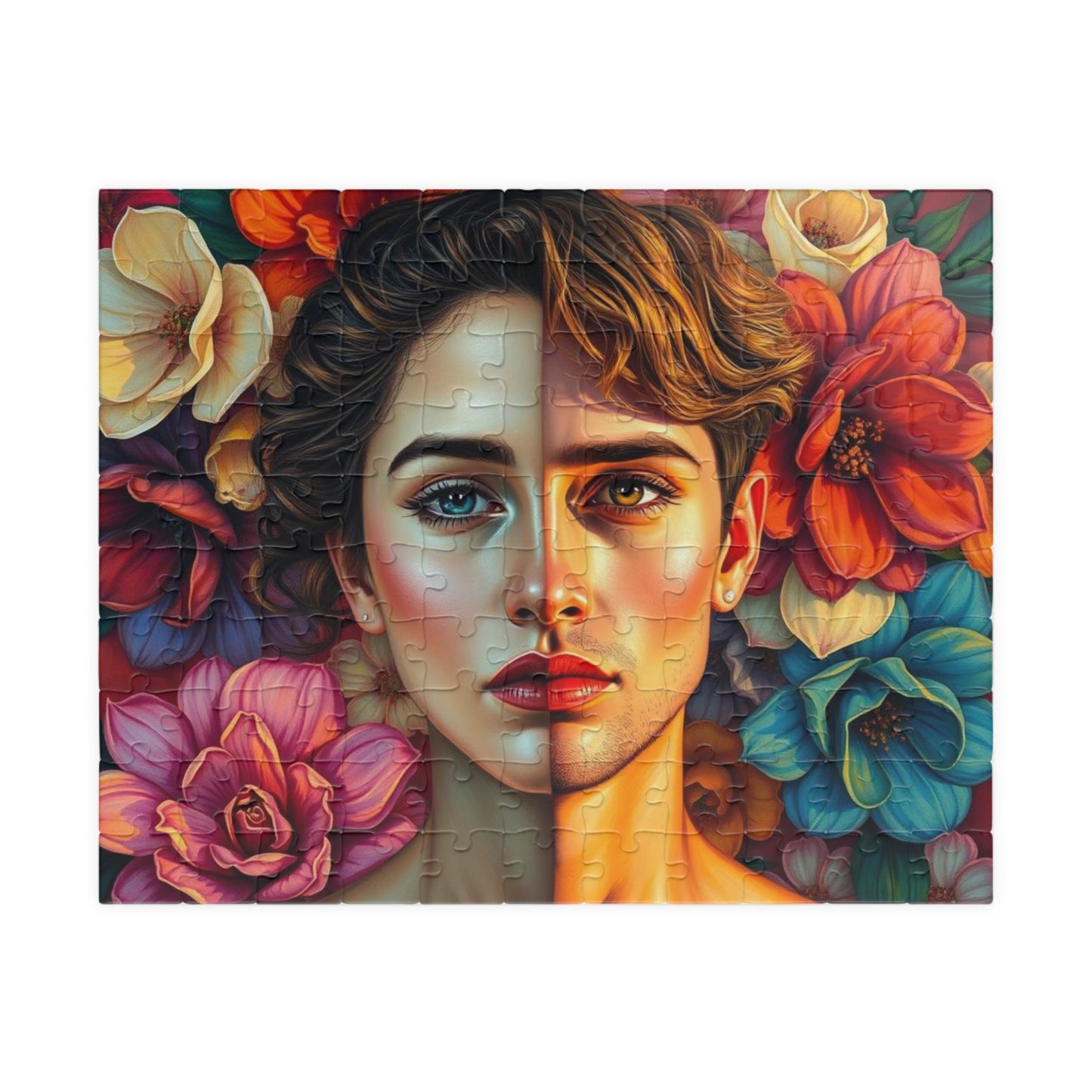 LGBTQ+ Surrealist Self-Portrait Jigsaw Puzzle, Androgynous Subject (Femme/Masc Halves), Gift for Art Lover, Game Night, Pride Month 110 pcs (Horizontal) Puzzle The Puzzle Chest