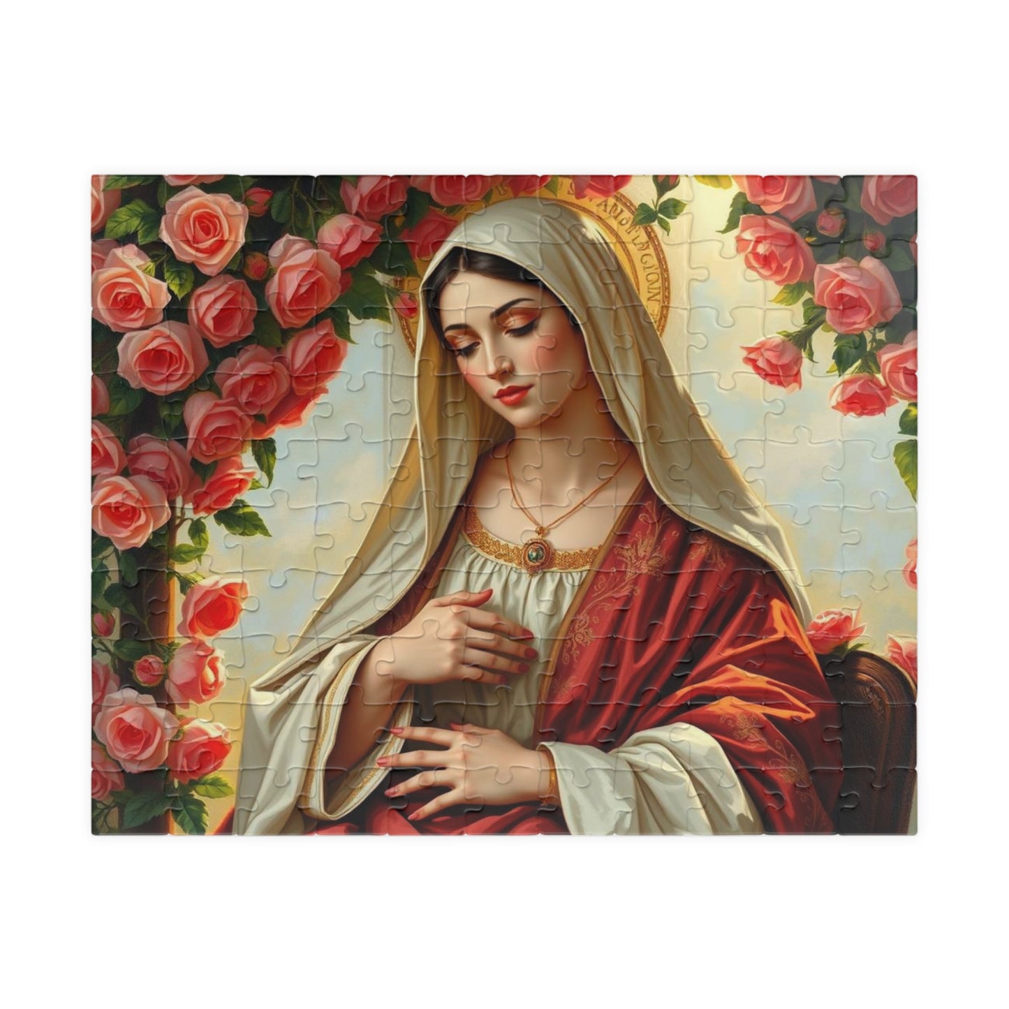 Serene Madonna Jigsaw Puzzle - Rose Design, Religious Art Puzzle, Faith-Based Puzzle, Ideal for Solo Fun, Game Night, Puzzle Lover Gift 110 pcs (Horizontal) Puzzle The Puzzle Chest