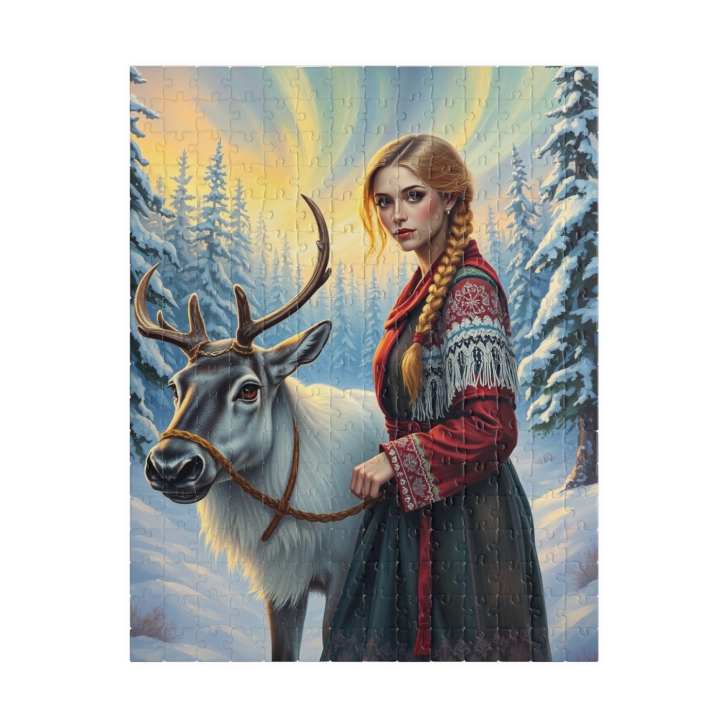 Nordic Cultural Winter Jigsaw Puzzle, Woman Guiding Reindeer Northern Lights, Sami Attire Snowy Forest, Best Unique Gift for Puzzle Lover 252 pcs (Vertical) Puzzle The Puzzle Chest