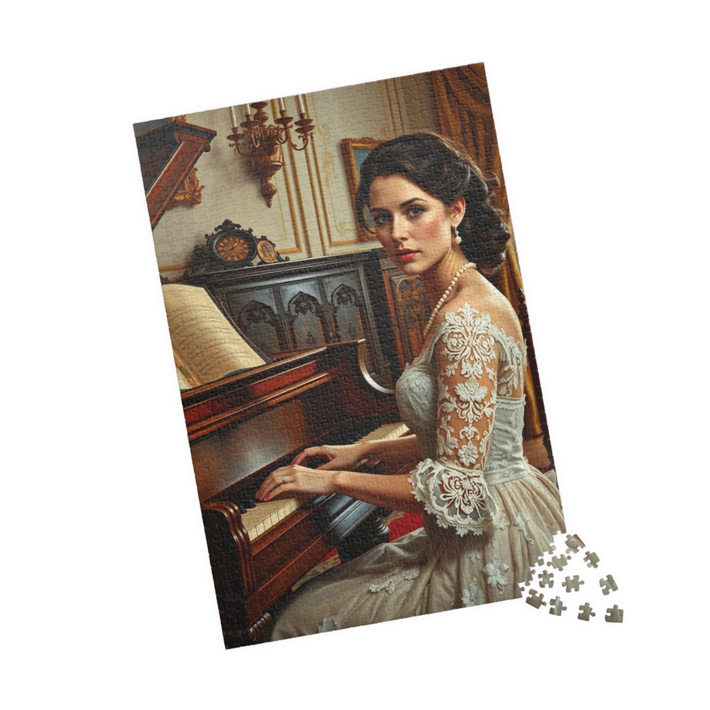 Victorian Woman Art Jigsaw Puzzle (110-1014 Piece), Vintage Drawing Room, Lady Playing Piano in Lace and Pearl Gown, Art Enthusiast Gift Puzzle The Puzzle Chest