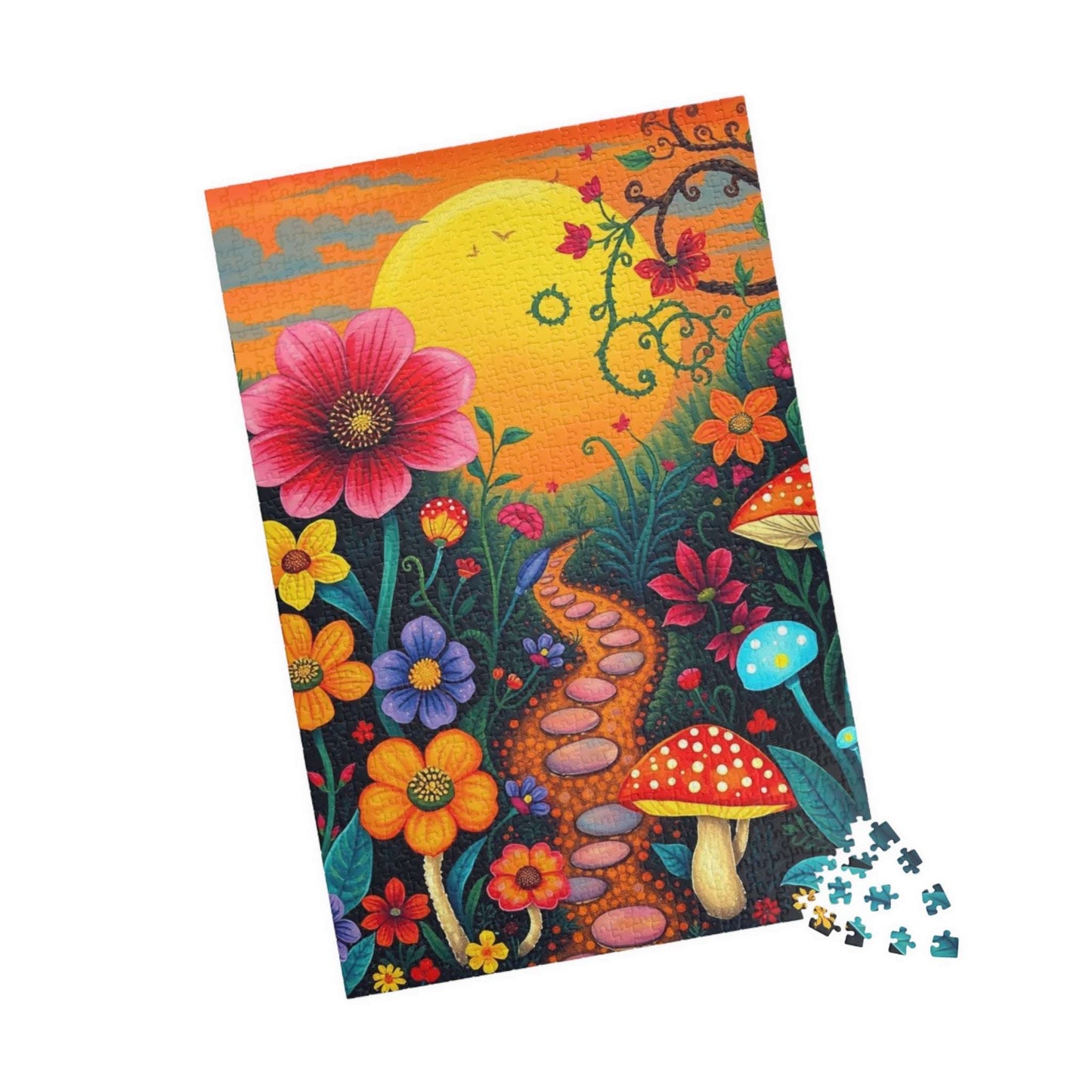Jigsaw Puzzle, Whimsical Botanical Garden 110, 252, 520, 1014-piece - Flowers, Vines, Mushrooms, Sunset Background, Fantasy Puzzle Puzzle The Puzzle Chest