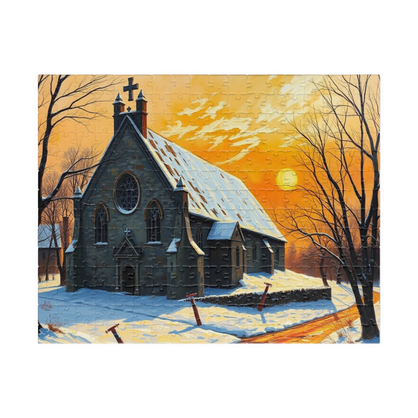 Twilight Cathedral Jigsaw Puzzle - Mystical Winter Chapel, Gothic Art Print, Dark Fantasy Art Gift for Puzzle Enthusiasts, Holiday Activity 252 pcs (Horizontal) Puzzle The Puzzle Chest