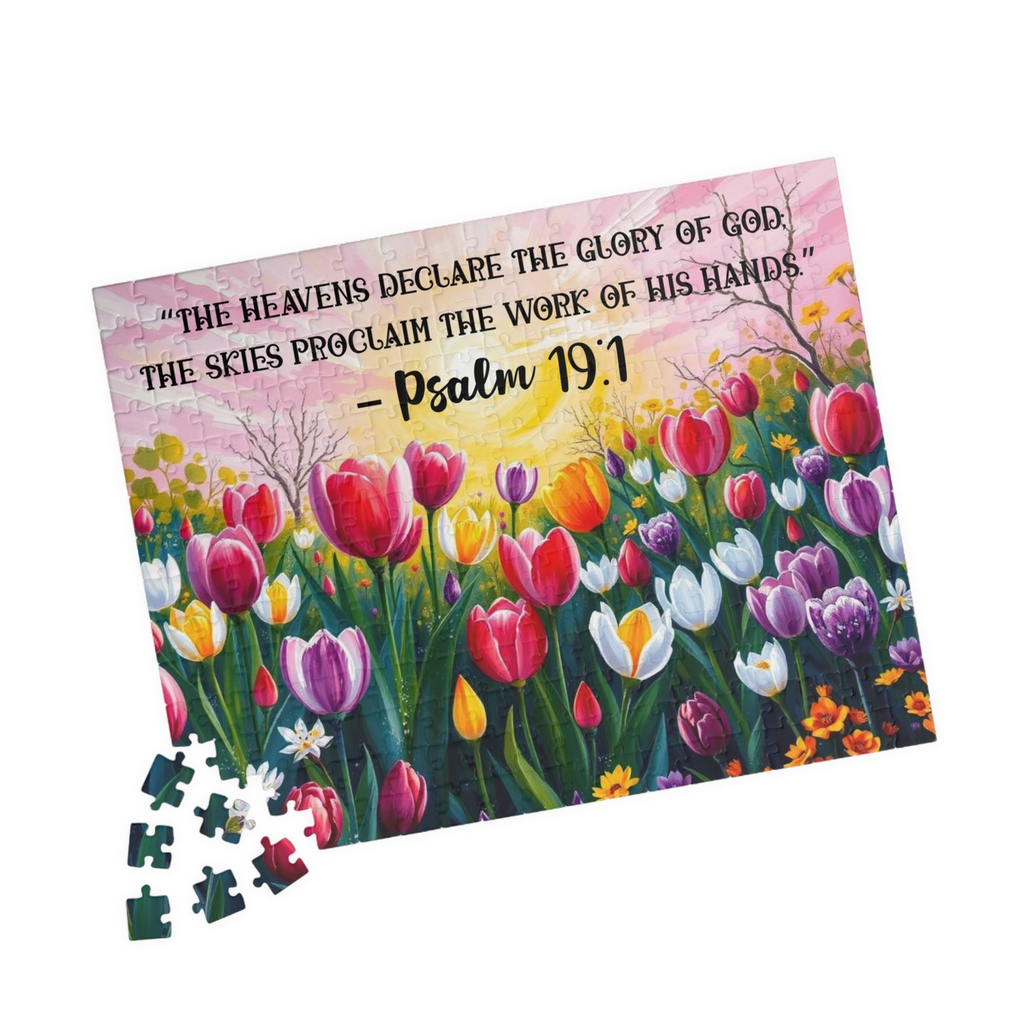 Glory of Creation Jigsaw Puzzle - Sunrise Tulips, Floral Christian Nature Theme, Biblical Quote Psalm 19:1, Inspirational Faith Based Game, Religious Gift Idea 252 pcs (Horizontal) Puzzle The Puzzle Chest