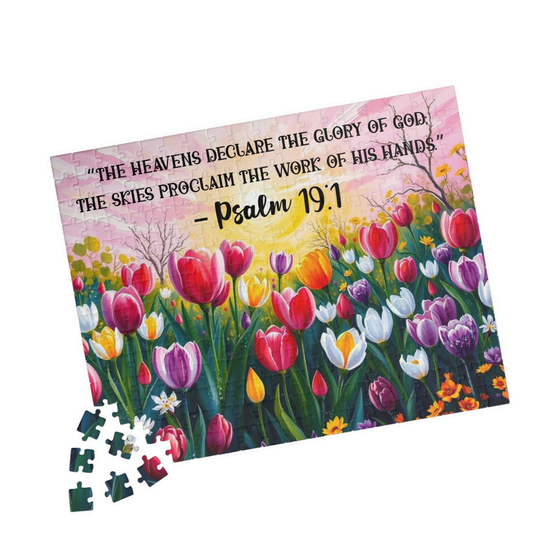 Glory of Creation Jigsaw Puzzle - Sunrise Tulips, Floral Christian Nature Theme, Biblical Quote Psalm 19:1, Inspirational Faith Based Game, Religious Gift Idea 252 pcs (Horizontal) Puzzle The Puzzle Chest