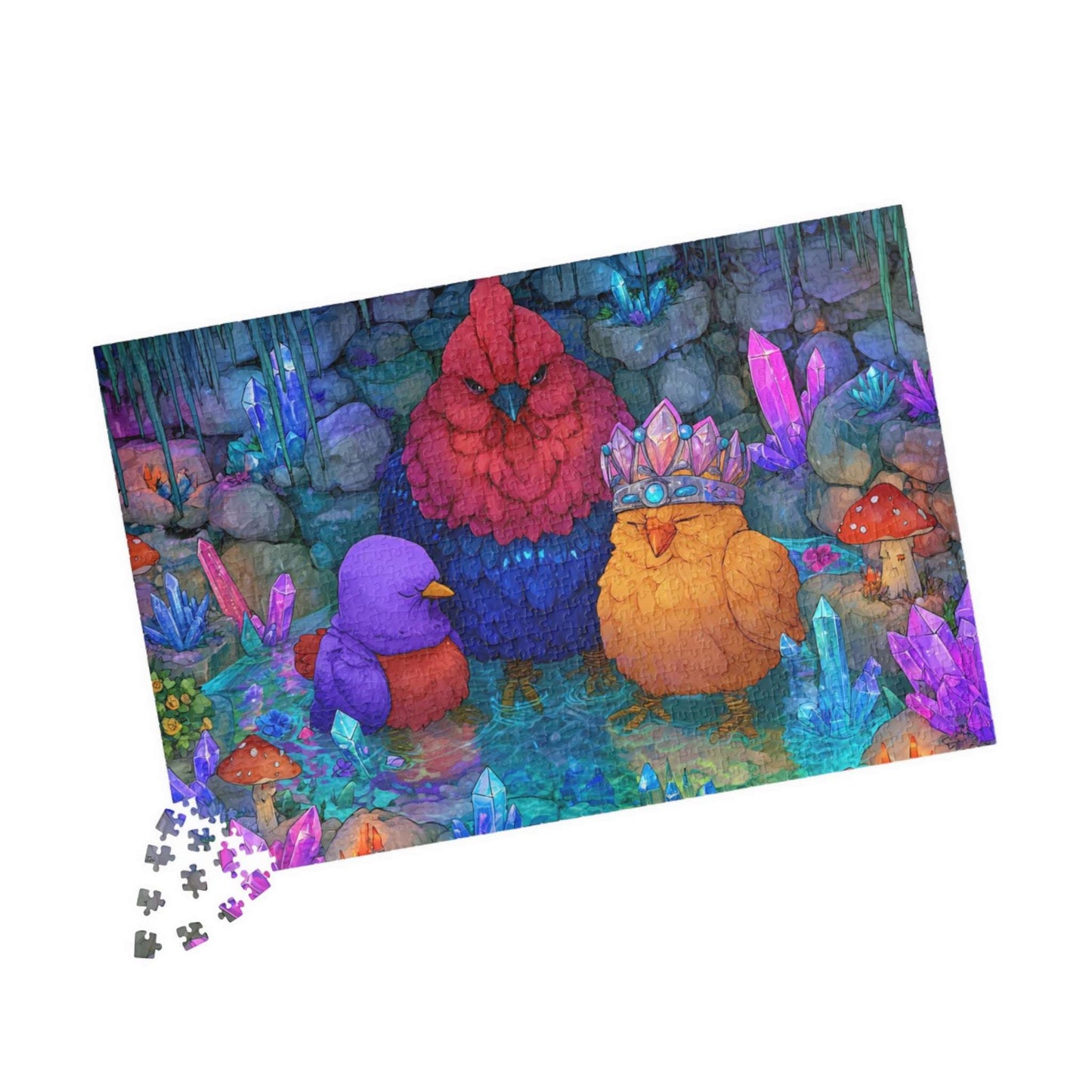 Crystal Cave Chicken Puzzle – Magical Chickens in Enchanted Crystal Bath, Whimsical Fairy-Tale Animal Jigsaw Puzzle 1014 pcs (Horizontal) Puzzle The Puzzle Chest
