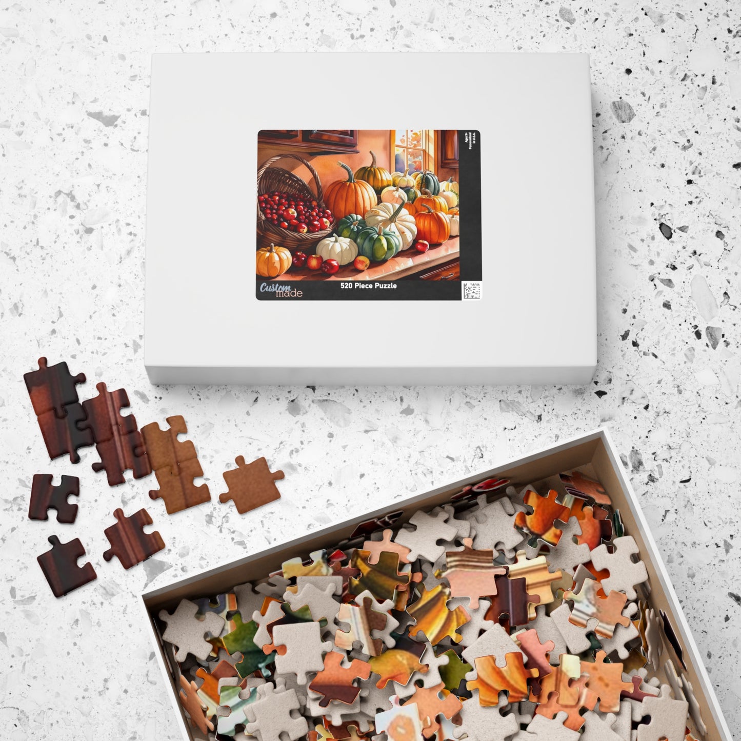 Autumn Harvest Puzzle, Countertop with Pumpkins and Apples, 110-1014 Piece, Fall Jigsaw Game, Thanksgiving Activity, Cabin Decor, Giftable Puzzle The Puzzle Chest