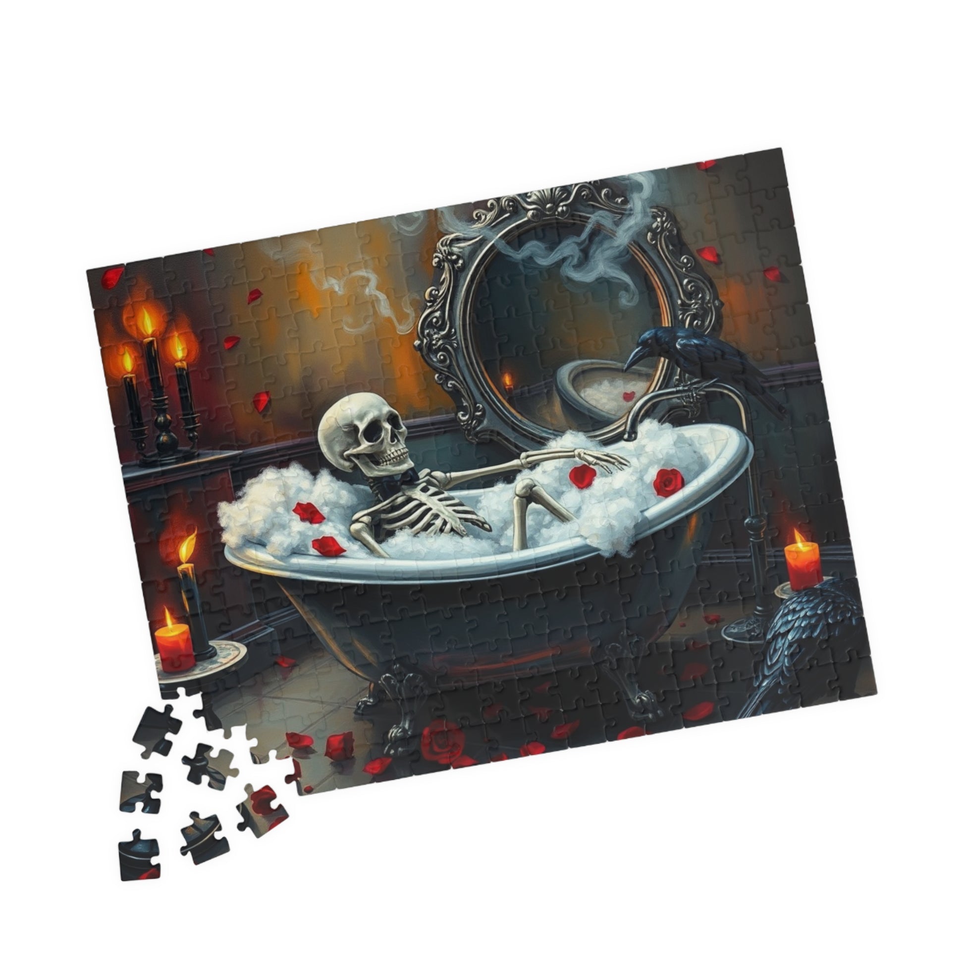 Creepy Cute Skeleton Bubblebath Puzzle, Skeleton Relaxing in Clawfoot Tub with Raven and Roses, Halloween Jigsaw for Spooky Puzzle Lovers Puzzle The Puzzle Chest