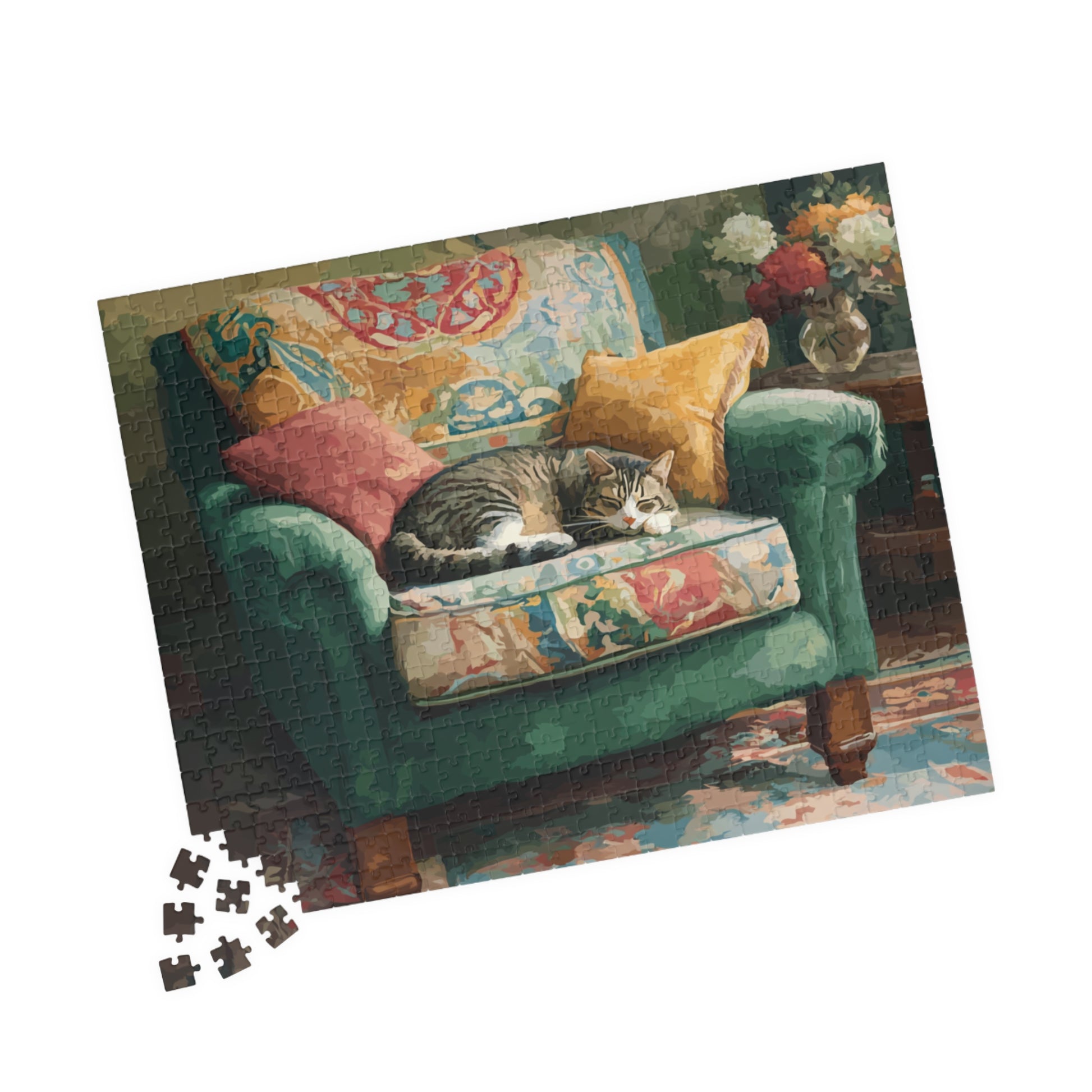 Cat and the Green Armchair – Cozy Interior Jigsaw Puzzle, Animal Theme Fauvist Cat Home Puzzle for Kitten Lover 520 pcs (Horizontal) Puzzle The Puzzle Chest