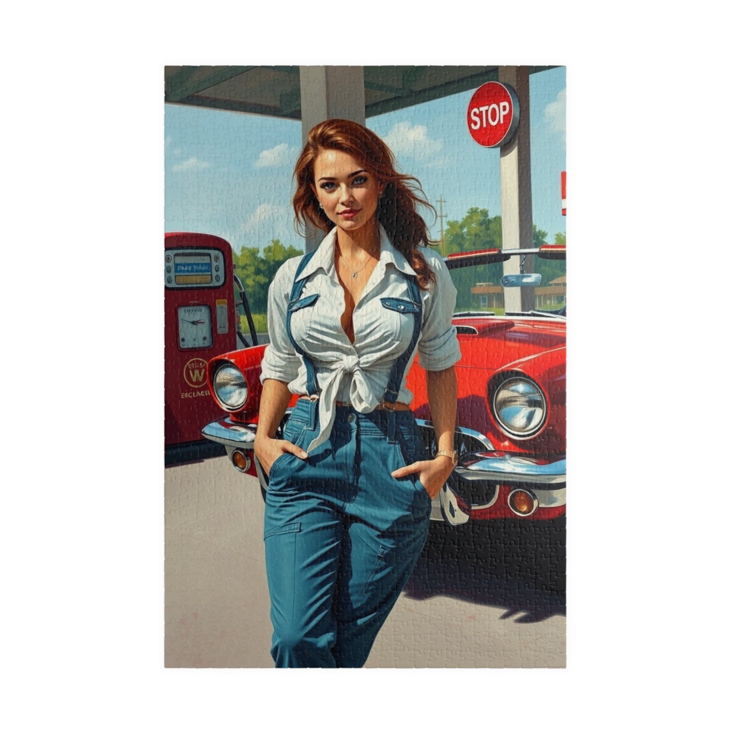Puzzle, Vintage Mechanic Woman and Red Convertible, Jigsaw Game for Adults, Classic Car Puzzle, Retro Gas Station Image, Brain Teaser Gift 1014 pcs (Vertical) Puzzle The Puzzle Chest